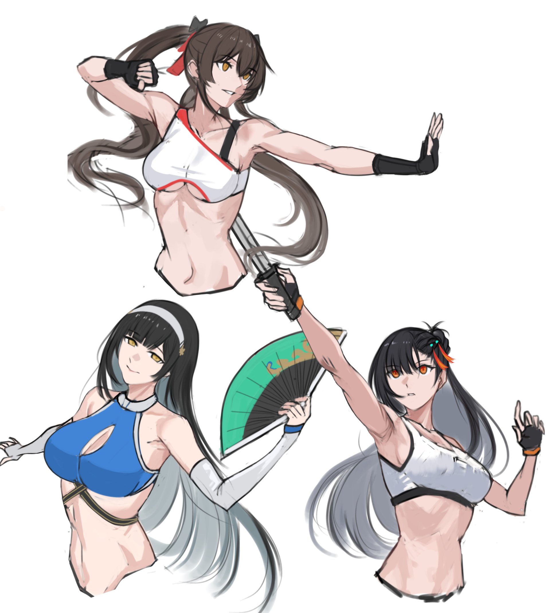 seilindekos, daiyan (girls' frontline 2), jiangyu (girls' frontline 2), qbz-191 (girls' frontline), qiongjiu (girls' frontline 2), type 95 (girls' frontline), type 97 (girls' frontline), girls' frontline, girls' frontline 2: exilium, highres, 3girls, alternate costume, black gloves, black hair, blue sports bra, breasts, brown eyes, brown hair, collarbone, crop top, cropped torso, elbow gloves, fingerless gloves, gloves, hair between eyes, hair ornament, hair ribbon, hairband, hairclip, hand fan, holding, holding fan, holding sword, holding weapon, long hair, looking at viewer, looking down, looking up, medium breasts, multiple girls, navel, orange eyes, orange ribbon, red ribbon, ribbon, sidelocks, sports bra, sword, twintails, underboob, upper body, weapon, white background, white gloves, white hairband, white sports bra