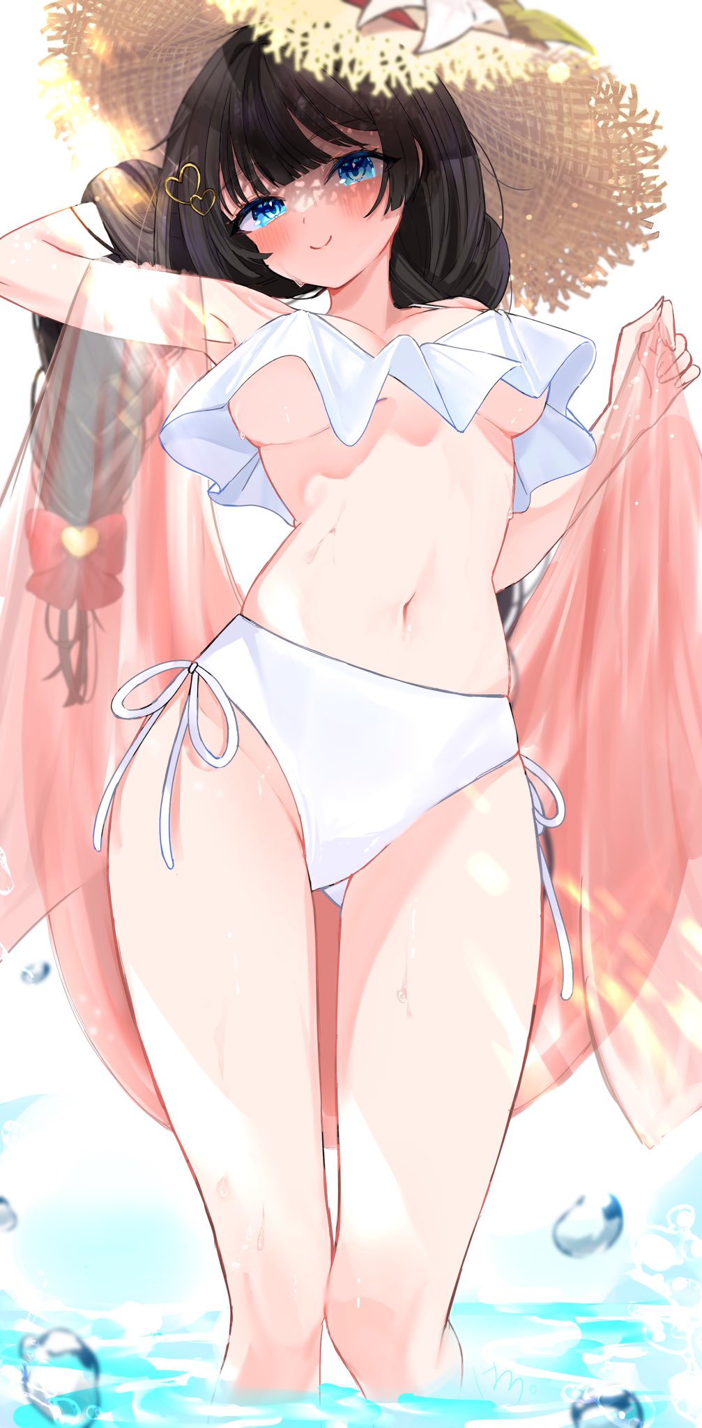haro (1026 86), shirayuki hina, stellive, commentary, highres, symbol-only commentary, 1girl, arm up, bikini, black hair, blue eyes, blush, bow, braid, breasts, closed mouth, hair bow, hair ornament, hand in own hair, hand up, hat, heart, heart hair ornament, large breasts, long hair, looking at viewer, navel, pink shawl, red bow, see-through clothes, see-through shawl, shawl, simple background, smile, solo, stomach, straw hat, sweat, swimsuit, twin braids, underboob, very long hair, virtual youtuber, wading, water, water drop, white background, white bikini