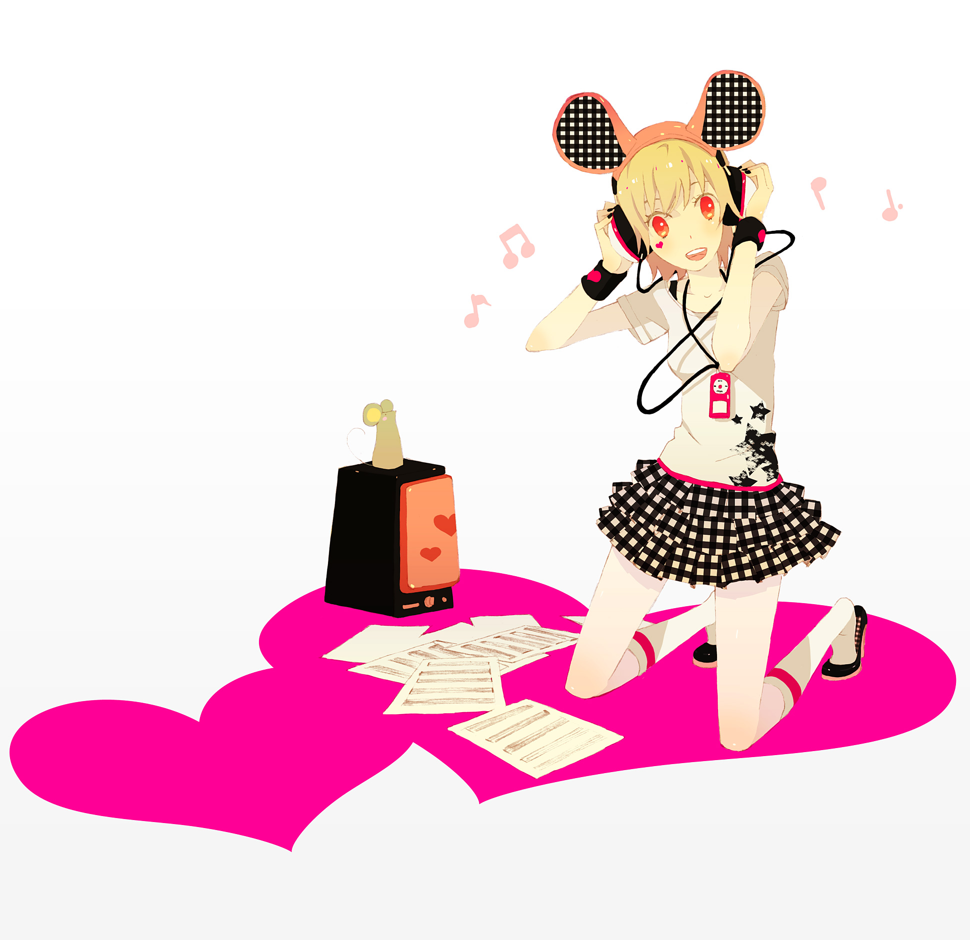 kuko, original, bad id, bad pixiv id, highres, 1girl, animal ears, beamed quavers, digital media player, female focus, headphones, ipod, ipod nano, ipod nano 4g, mouse (animal), mouse ears, musical note, plaid clothes, plaid skirt, quaver, sheet music, shoes, skirt, socks, solo, wristband