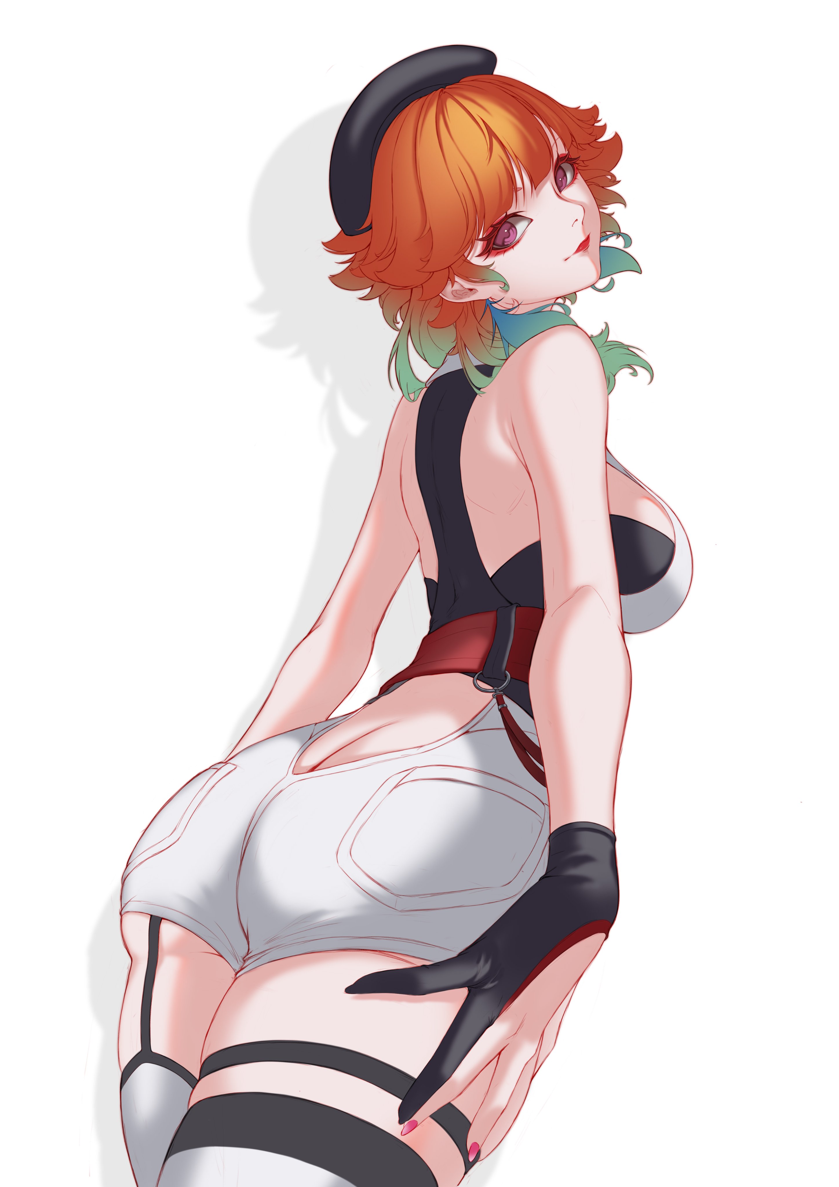 oakproud, raora panthera, raora panthera (1st costume), takanashi kiara, hololive, hololive english, absurdres, highres, 1girl, alternate hairstyle, artist glove, ass, bare shoulders, beret, breasts, butt crack, cosplay, earrings, feather earrings, feathers, from behind, from below, gloves, gradient hair, green hair, hat, jewelry, large breasts, looking at viewer, looking back, multicolored hair, orange hair, partially fingerless gloves, purple eyes, raora panthera (cosplay), short hair, simple background, skindentation, solo, virtual youtuber, white background
