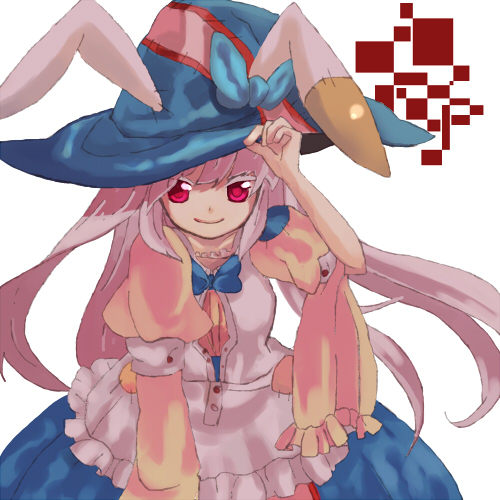 irisu kyouko, irisu shoukougun!, silver hair, lowres, 1girl, animal ears, apron, female focus, frills, hat, long hair, rabbit ears, red eyes, solo, witch hat