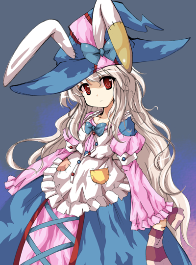 sanari (quarter iceshop), irisu kyouko, irisu shoukougun!, touhou, silver hair, 1girl, alphes (style), animal ears, apron, female focus, frills, hat, long hair, parody, rabbit ears, red eyes, solo, style parody, very long hair, witch hat