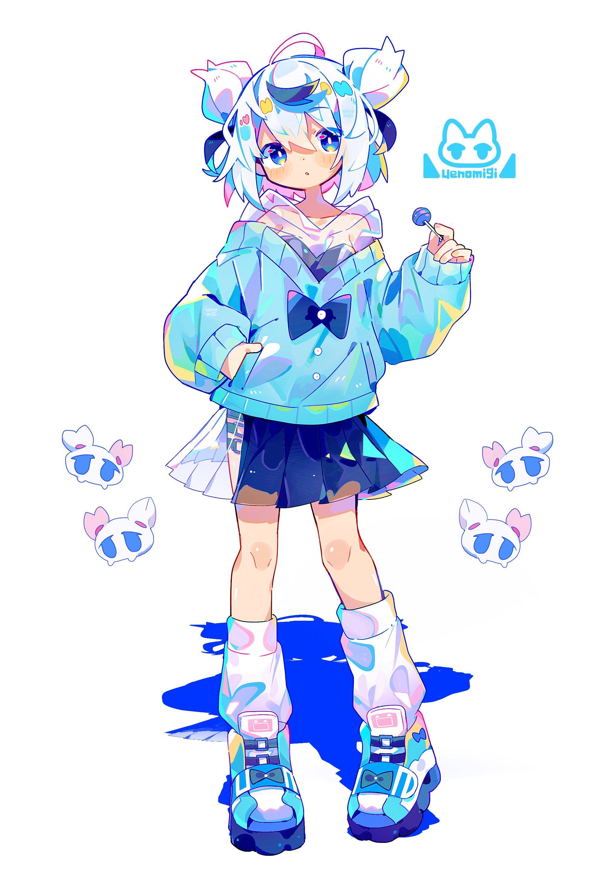 uenomigi, ekami gumi (uenomigi), original, absurdres, commentary request, highres, 1girl, ahoge, artist logo, belt, black hair, blue eyes, blush stickers, bow, bra, candy, food, full body, hand in pocket, holding, holding candy, holding food, holding lollipop, leg warmers, logo, lollipop, long sleeves, looking to the side, miniskirt, multicolored hair, off shoulder, parted lips, pleated skirt, see-through clothes, see-through hoodie, see-through skirt, shoes, skirt, sleeves past wrists, sneakers, solo, strapless, strapless bra, streaked hair, sweater, thigh belt, thigh strap, twintails, two-tone hair, underwear, white hair