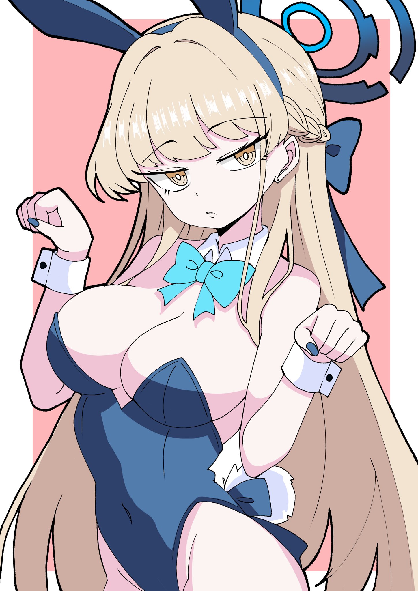 hitorikanawo, toki (blue archive), toki (bunny) (blue archive), blue archive, commentary, highres, 1girl, animal ears, aqua bow, aqua bowtie, bare shoulders, blonde hair, blue hairband, blue halo, blue leotard, blue nails, border, bow, bowtie, breasts, detached collar, expressionless, fake animal ears, fake tail, hairband, halo, leotard, long hair, looking at viewer, official alternate costume, pink background, playboy bunny, rabbit ears, rabbit pose, rabbit tail, solo, strapless, strapless leotard, tail, white border, white wrist cuffs, wrist cuffs