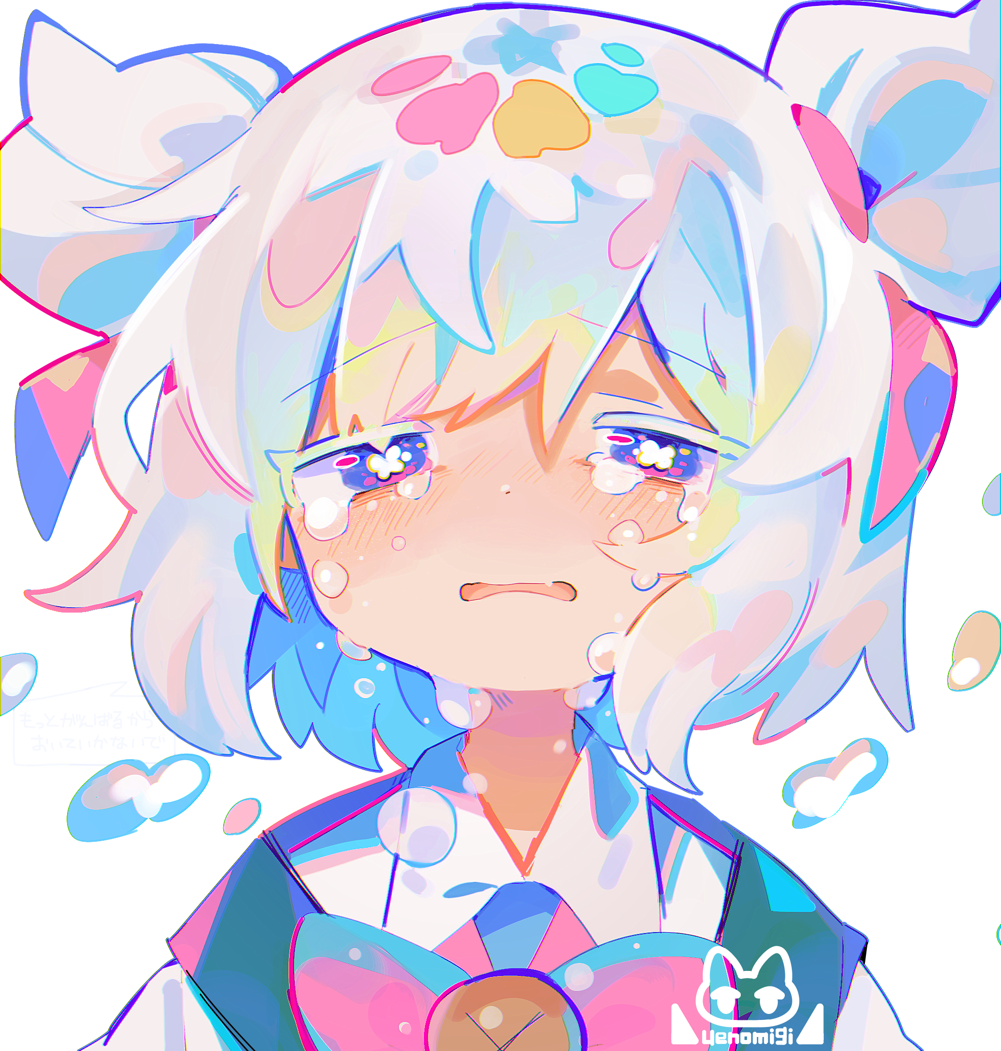 uenomigi, ekami gumi (uenomigi), original, commentary request, highres, 1girl, artist logo, bell, blush, bow, bowtie, collared shirt, crying, double bun, fang, hair bun, hair ribbon, half-closed eyes, logo, looking at viewer, neck bell, open mouth, purple eyes, ribbon, shirt, short hair, skin fang, solo, symbol-shaped pupils, tears, two side up, vest, water drop, wavy mouth, white hair