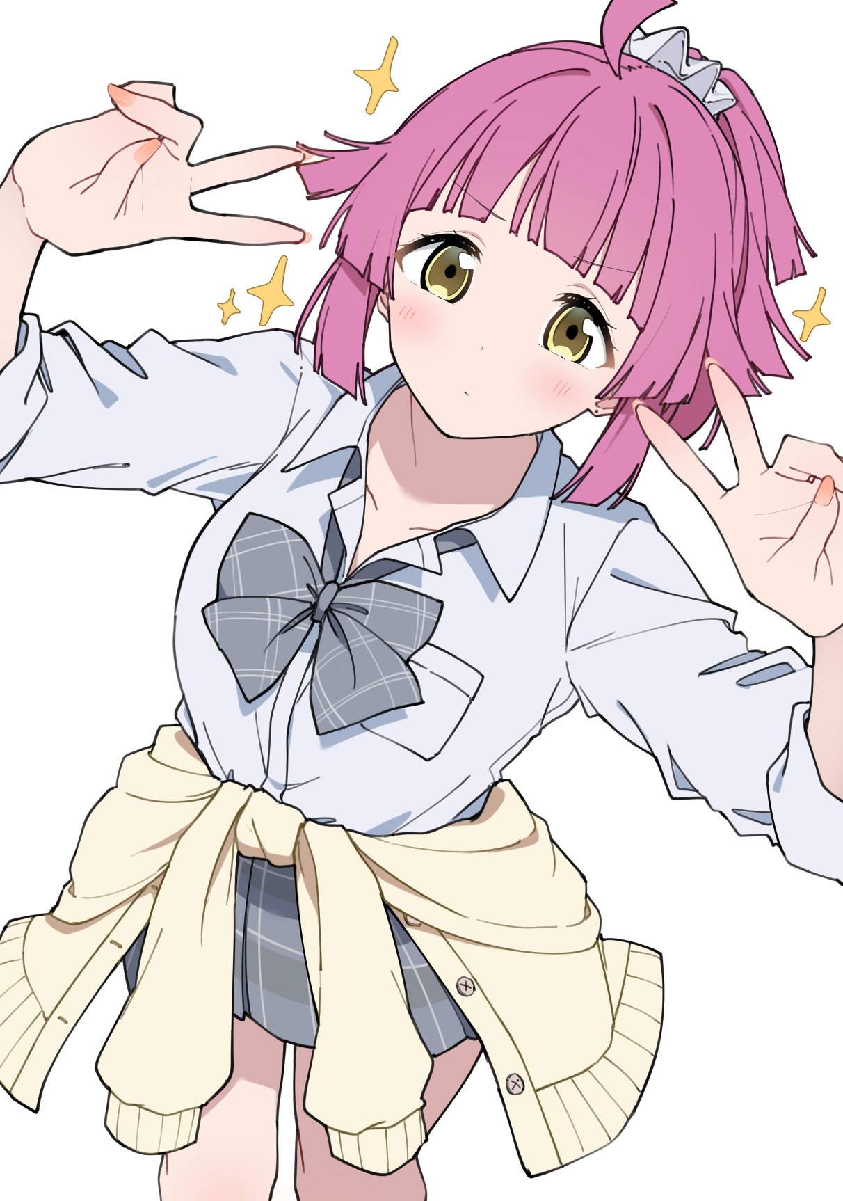 liz (piyoko piyop), tennoji rina, love live!, love live! nijigasaki high school idol club, commentary, highres, 1girl, ahoge, blunt bangs, blunt ends, blush, bow, bowtie, breast pocket, breasts, buttons, checkered bow, checkered bowtie, checkered clothes, checkered skirt, closed mouth, clothes around waist, collarbone, double v, eyelashes, grey bow, grey bowtie, grey skirt, gyaru, hands up, looking at viewer, med, miniskirt, nail polish, pink hair, pocket, ponytail, scrunchie, serious, shirt, short ponytail, sidelocks, skirt, sleeves rolled up, small breasts, solo, sparkle, sweater, sweater around waist, thighs, v, v-shaped eyebrows, white background, white scrunchie, white shirt, yellow eyes, yellow sweater