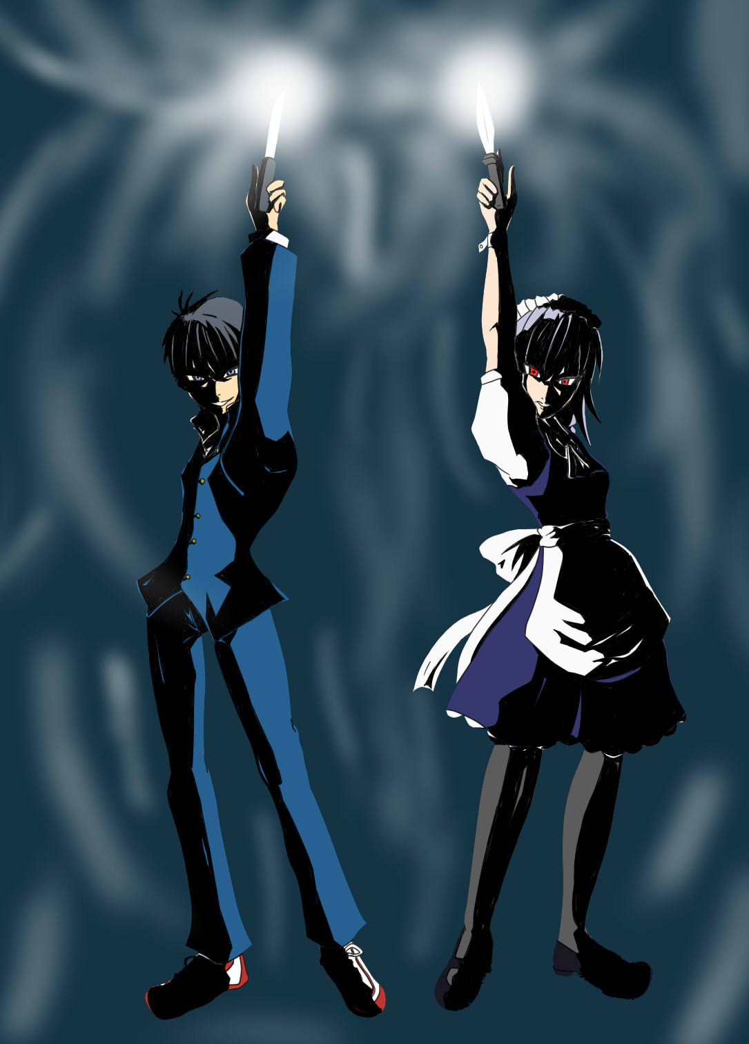 izayoi sakuya, nanaya shiki, tohno shiki, m.u.g.e.n, melty blood, touhou, tsukihime, type-moon, highres, 00s, blue eyes, crossover, evil grin, evil smile, grin, hand in pocket, knife, maid, red eyes, school uniform, smile, throwing knife, weapon