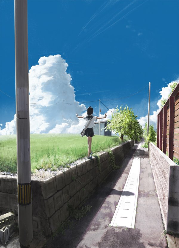 nariyuki, original, wall, 1girl, alley, balancing, bare legs, black hair, black skirt, blue sky, cloud, contrail, cumulonimbus cloud, day, female focus, fence, from behind, grass, on wall, outdoors, outstretched arms, pleated skirt, rural, scenery, school uniform, serafuku, short hair, short sleeves, skirt, sky, solo, spread arms, tree, utility pole, walking, walking on wall, wooden fence