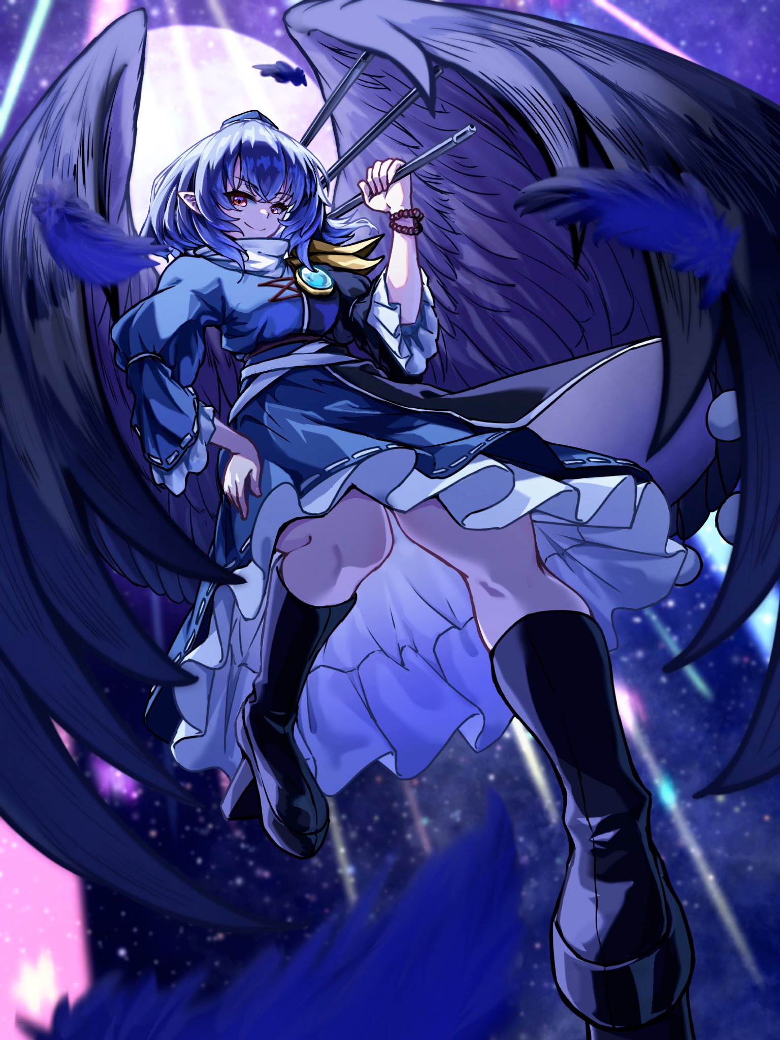 tenx2 1341, iizunamaru megumu, touhou, commentary request, highres, 1girl, bird wings, black socks, black wings, blue dress, blue hair, breasts, closed mouth, coat, dress, feathered wings, frilled dress, frills, from below, full body, geta, happy, hat, holding, holding tripod, medium breasts, pointy ears, purple shoes, shoes, shoulder guard, sleeveless, sleeveless coat, smile, socks, solo, surcoat, tengu-geta, tokin hat, tripod, wide sleeves, wings