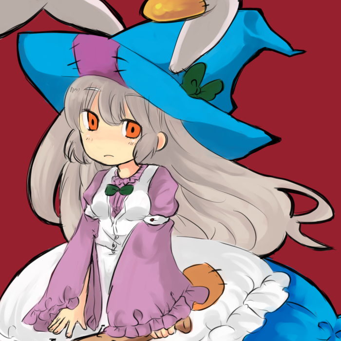 irisu kyouko, irisu shoukougun!, silver hair, bad id, bad pixiv id, animal ears, apron, frills, hat, long hair, rabbit ears, red eyes, solo, witch hat