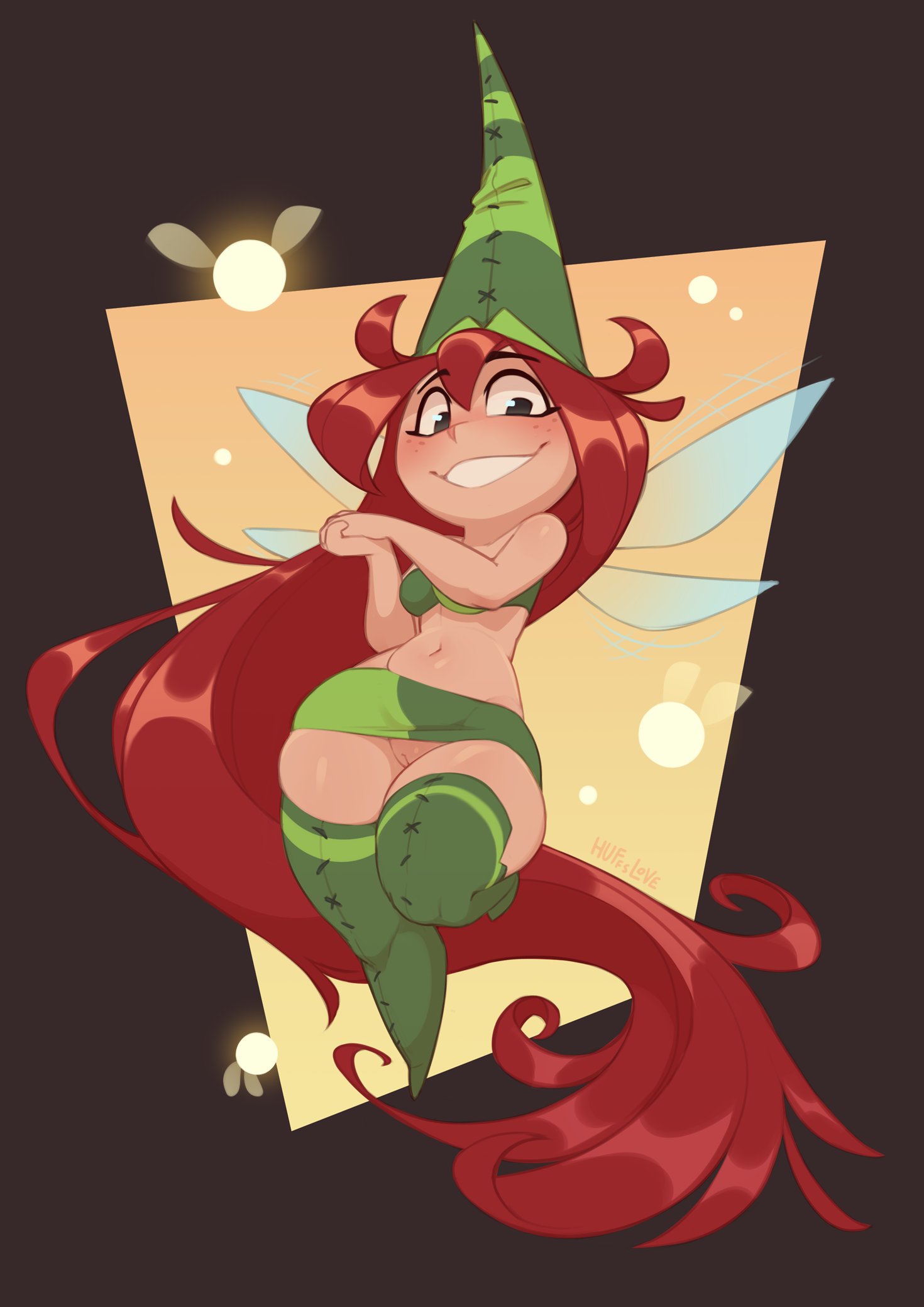 huffslove, betilla (rayman), rayman (series), highres, 1girl, absurdly long hair, bandeau, conical hat, electoon (rayman), green bandeau, green hat, green skirt, green thighhighs, grin, hat, long hair, looking at viewer, microskirt, own hands clasped, own hands together, pear-shaped figure, pussy, red hair, skirt, smile, solo, thick thighs, thighhighs, thighs, very long hair, wide hips