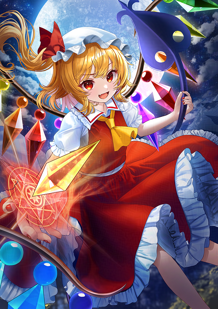 uemura shun, flandre scarlet, touhou, commentary request, 1girl, ascot, blonde hair, collared shirt, crystal, crystal wings, fang, frilled shirt collar, frilled skirt, frills, full moon, hat, hat ribbon, holding, holding weapon, laevatein (touhou), looking at viewer, magic circle, mob cap, moon, multicolored wings, night, night sky, one side up, open mouth, puffy short sleeves, puffy sleeves, red eyes, red nails, red skirt, red vest, ribbon, shirt, short sleeves, skin fang, skirt, skirt set, sky, smile, solo, vest, weapon, white hat, wings, yellow ascot