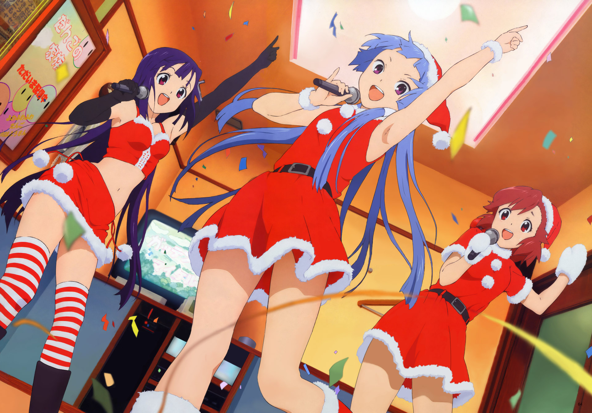 takata youko, aoba tsugumi, nagi, zange, clannad, dango daikazoku, kannagi, striped legwear, highres, official art, 00s, 3girls, :d, aqua hair, armpits, blue hair, censored, christmas, confetti, convenient censoring, female focus, fur trim, gloves, hat, karaoke, long hair, microphone, midriff, multiple girls, navel, open mouth, patterned legwear, purple hair, red & white, red hair, santa costume, santa hat, short hair, siblings, sisters, smile, striped clothes, striped thighhighs, television, thighhighs, two-tone stripes