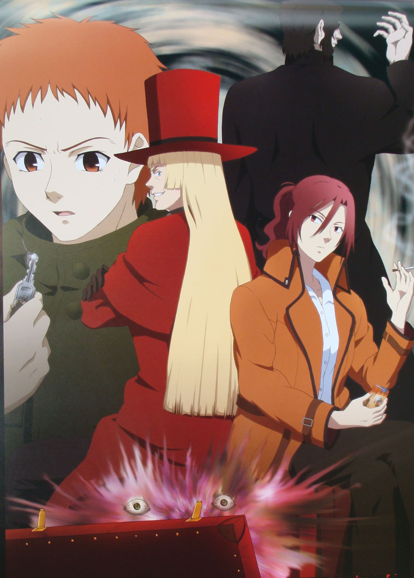 aozaki touko, araya souren, cornelius alba, enjou tomoe, kara no kyoukai, highres, 1girl, 3boys, cigarette, hime cut, multiple boys, smoking, suitcase
