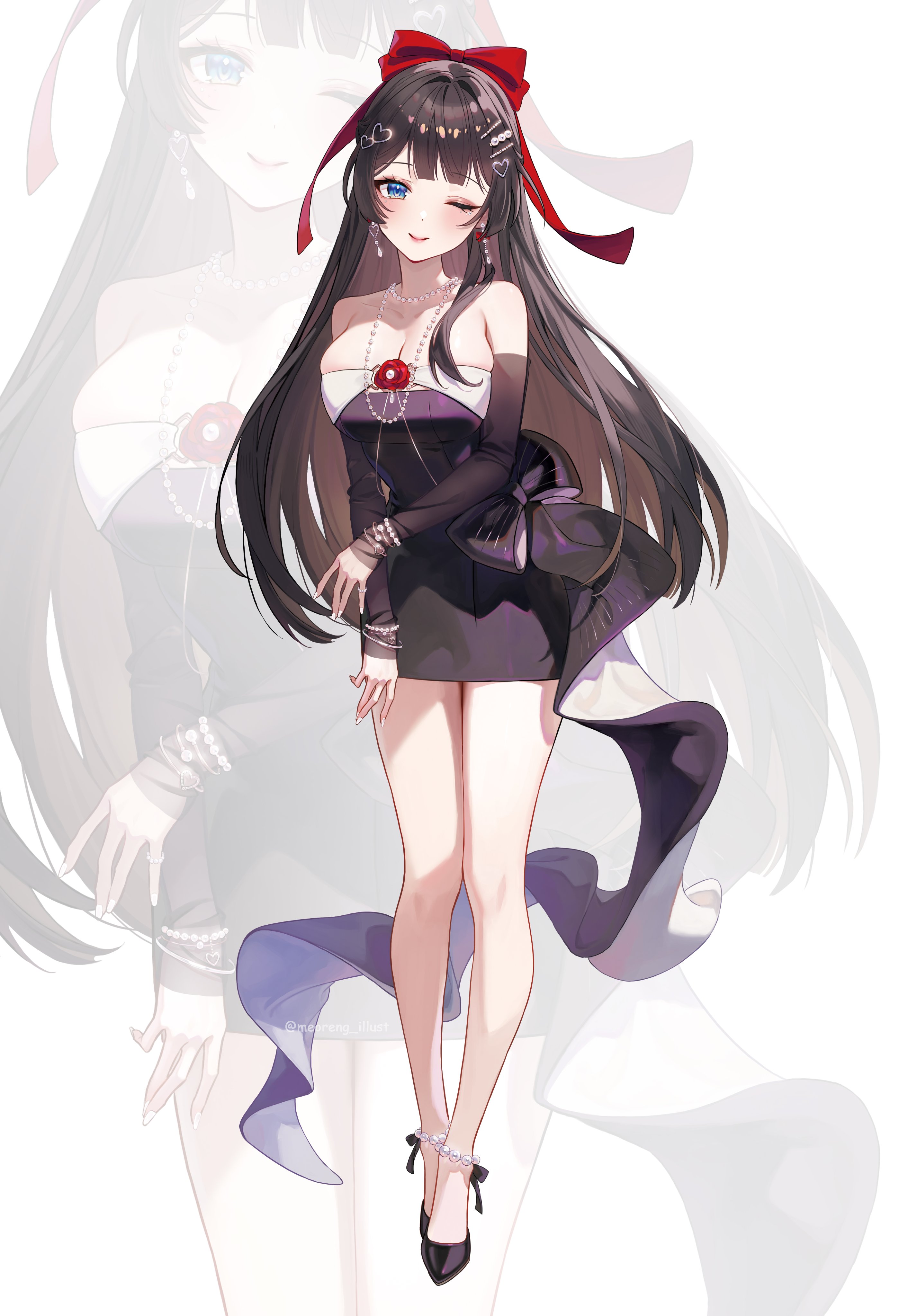 meoreng illust, shirayuki hina, stellive, absurdres, commentary, highres, symbol-only commentary, 1girl, black bow, black shoes, black sleeves, blue eyes, bow, bracelet, breasts, cleavage, closed mouth, collarbone, detached sleeves, dress, dress bow, full body, hair bow, hair ornament, hairclip, heart, heart hair ornament, high heels, jewelry, large breasts, long hair, long sleeves, necklace, one eye closed, pearl bracelet, pearl necklace, pumps, red bow, shoes, short dress, skindentation, smile, solo, standing, straight-on, straight hair, strapless, strapless dress, virtual youtuber, white background, zoom layer