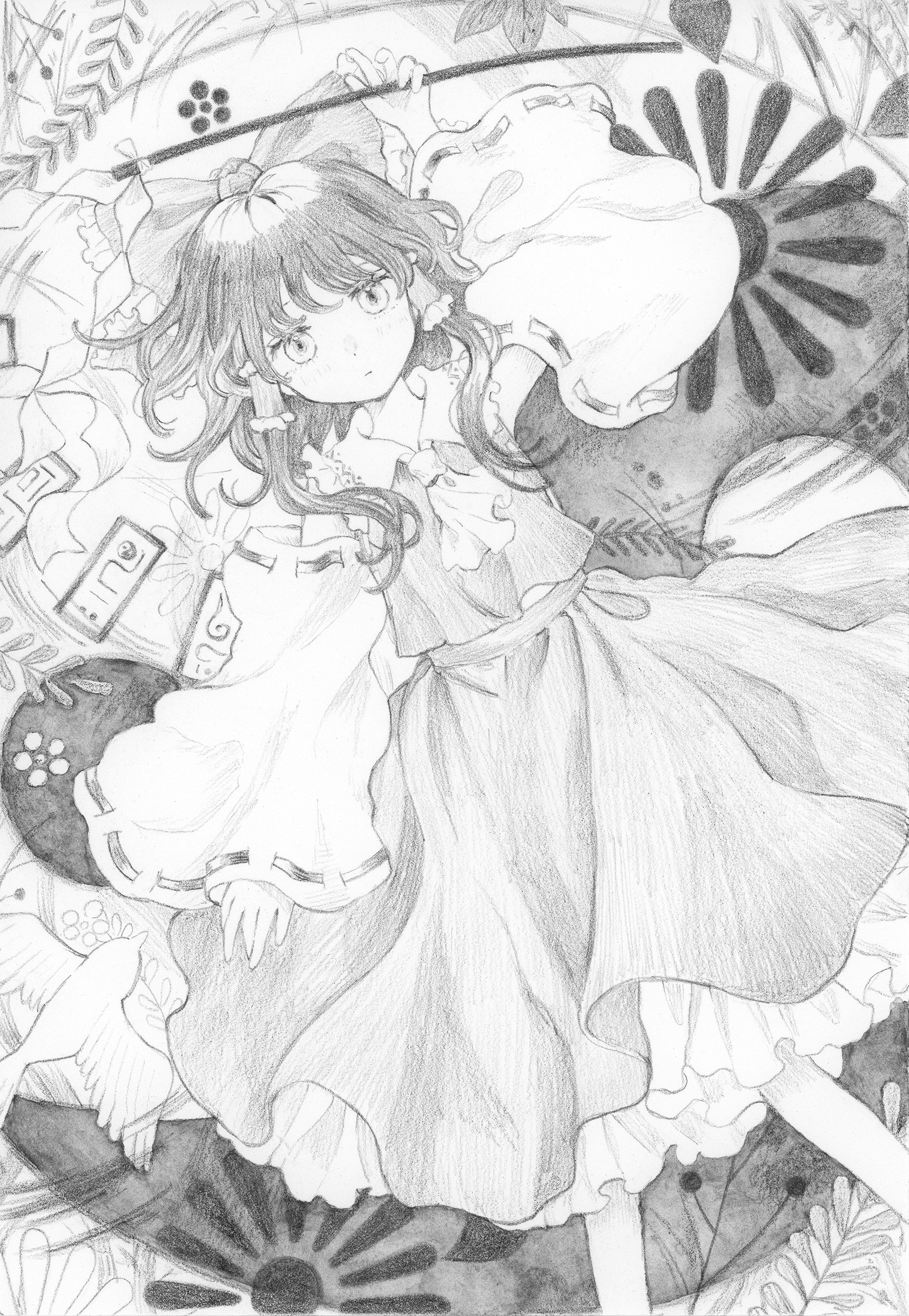 sasami (shiroi fuwafuwa), hakurei reimu, touhou, absurdres, commentary request, highres, 1girl, ascot, bird, bow, detached sleeves, frilled bow, frilled hair tubes, frills, gohei, greyscale, hair bow, hair tubes, holding, holding gohei, long hair, monochrome, ofuda, ribbon-trimmed sleeves, ribbon trim, solo