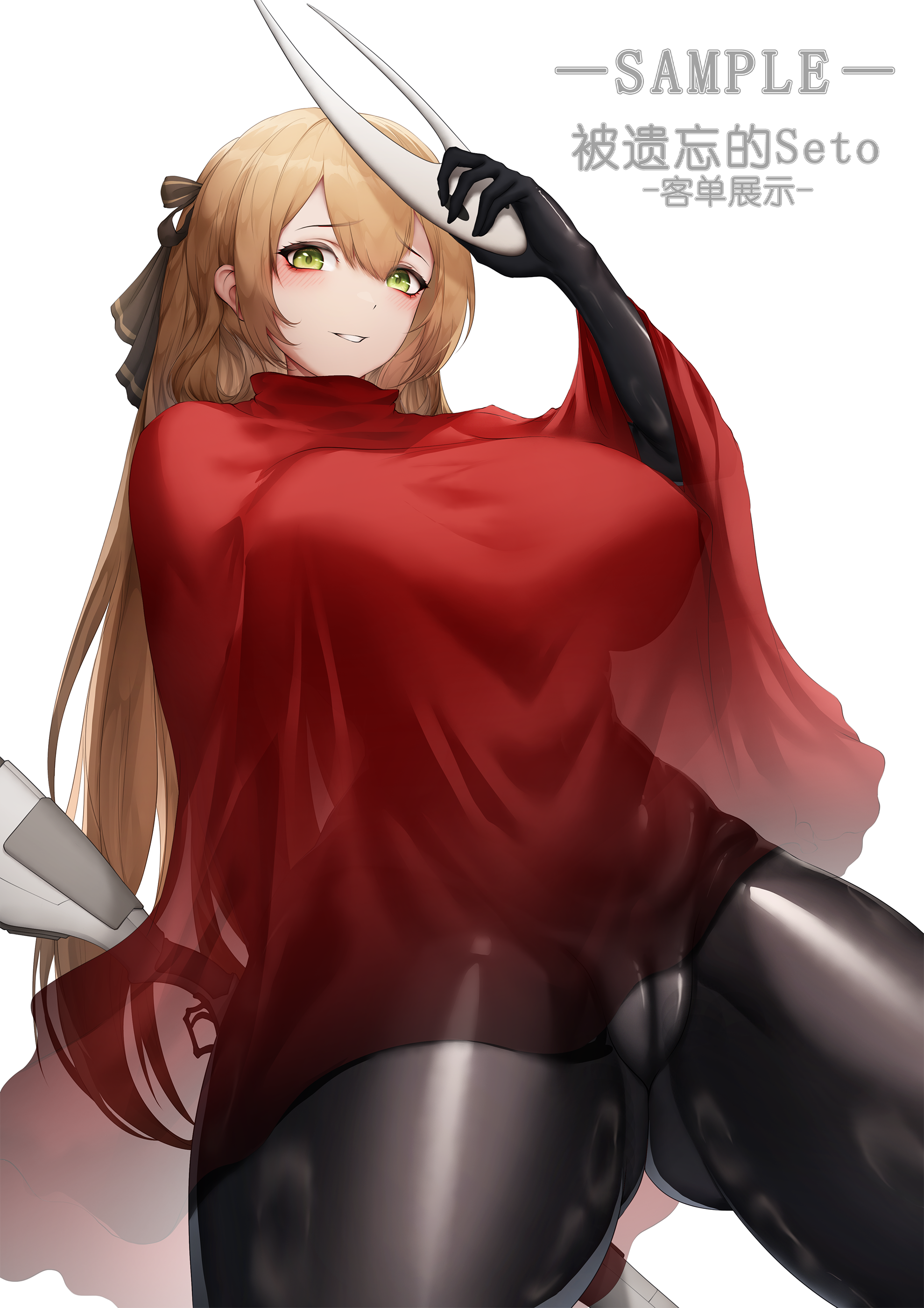 thatob, hornet (hollow knight), springfield (girls' frontline), springfield (girls' frontline 2), girls' frontline, girls' frontline 2: exilium, hollow knight, hollow knight: silksong, absurdres, highres, 1girl, alternate costume, artist name, blush, bodysuit, breasts, cameltoe, chinese text, cleft of venus, cloak, cosplay, feet out of frame, green eyes, gun, hair ribbon, holding, holding gun, holding mask, holding weapon, hornet (hollow knight) (cosplay), large breasts, latex, latex bodysuit, long hair, looking at viewer, mask, open mouth, orange hair, pussy, red cloak, ribbon, smile, solo, standing, weapon, white background, white mask