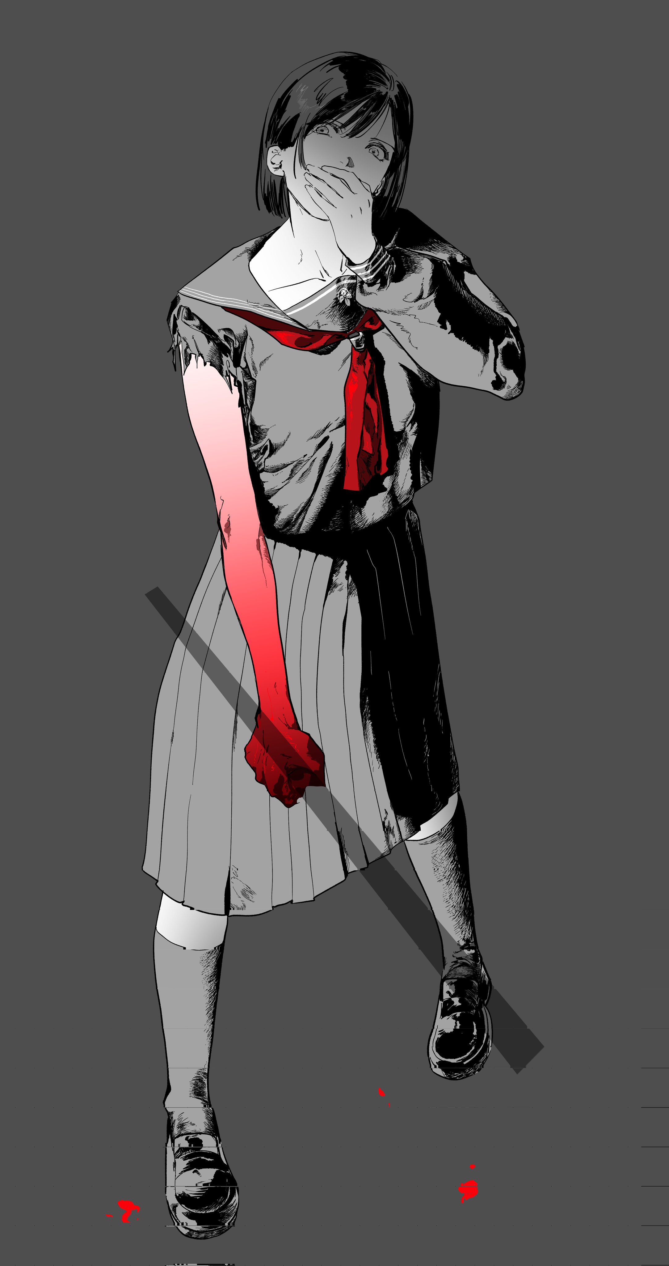 shimizu hinako, silent hill (series), silent hill f, absurdres, chinese commentary, hashtag-only commentary, highres, 1girl, blood, bob cut, collarbone, covering own mouth, full body, grey background, holding, kneehighs, loafers, long sleeves, looking at viewer, necktie, nktyoushiki9060, pleated skirt, red necktie, school uniform, serafuku, shoes, short hair, simple background, skirt, socks, solo, spot color, torn clothes, torn sleeves