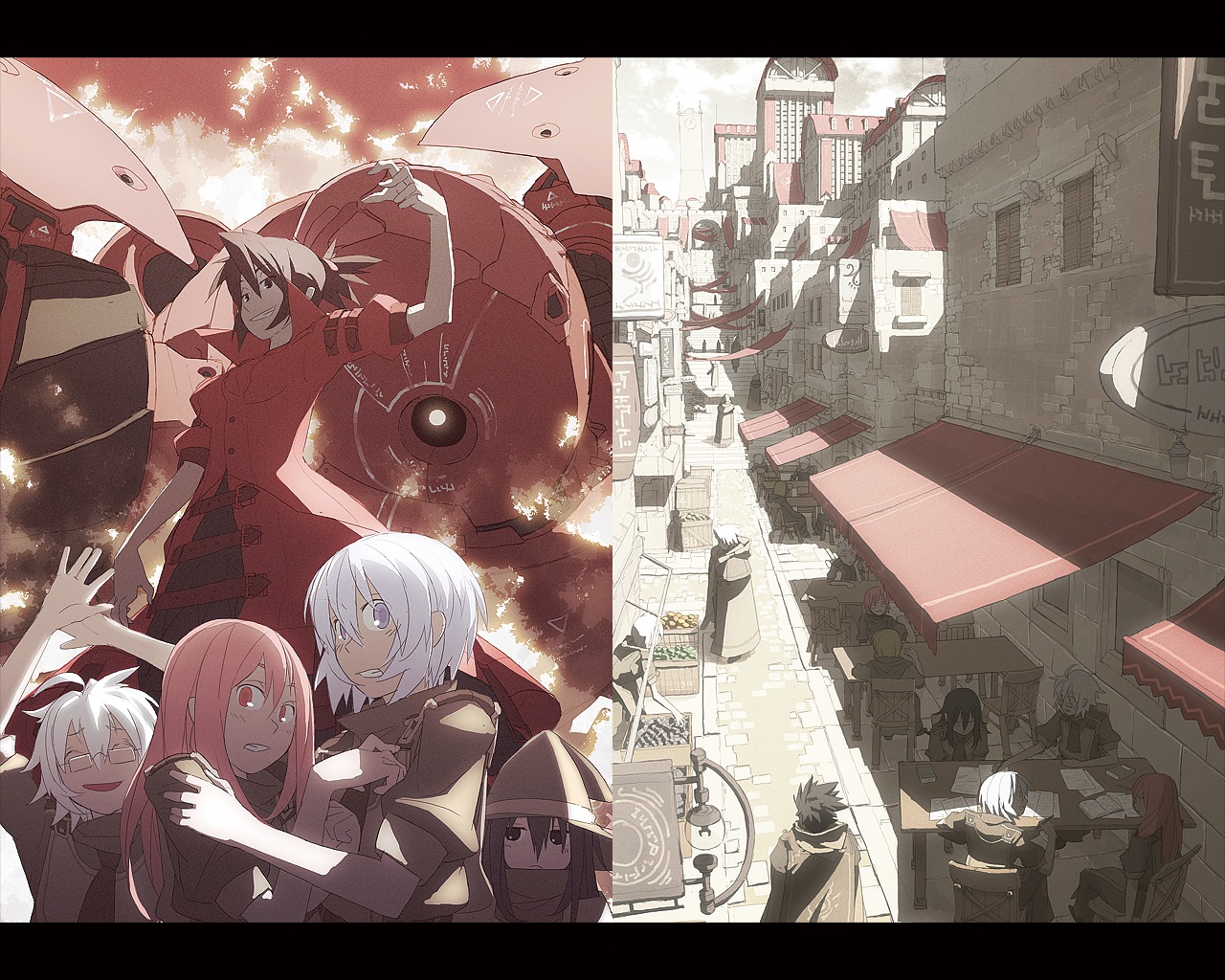 tsukuba masahiro, viola (pixiv fantasia), pixiv fantasia, pixiv fantasia 1, bad id, bad pixiv id, 2boys, 3girls, city, fantasy, letterboxed, mecha, multiple boys, multiple girls, robot, scenery