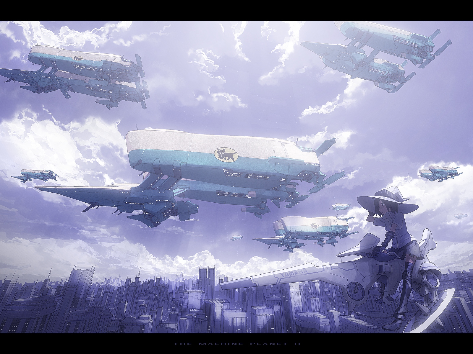 tsukuba masahiro, the machine planet, original, yamato transport, highres, 1girl, aircraft, brown hair, city, cityscape, cloud, dirigible, female focus, hat, hover bike, letterboxed, mecha, riding, robot, scenery, science fiction, short hair, skirt, sky, skyline, solo, spacecraft, witch hat, yamaha