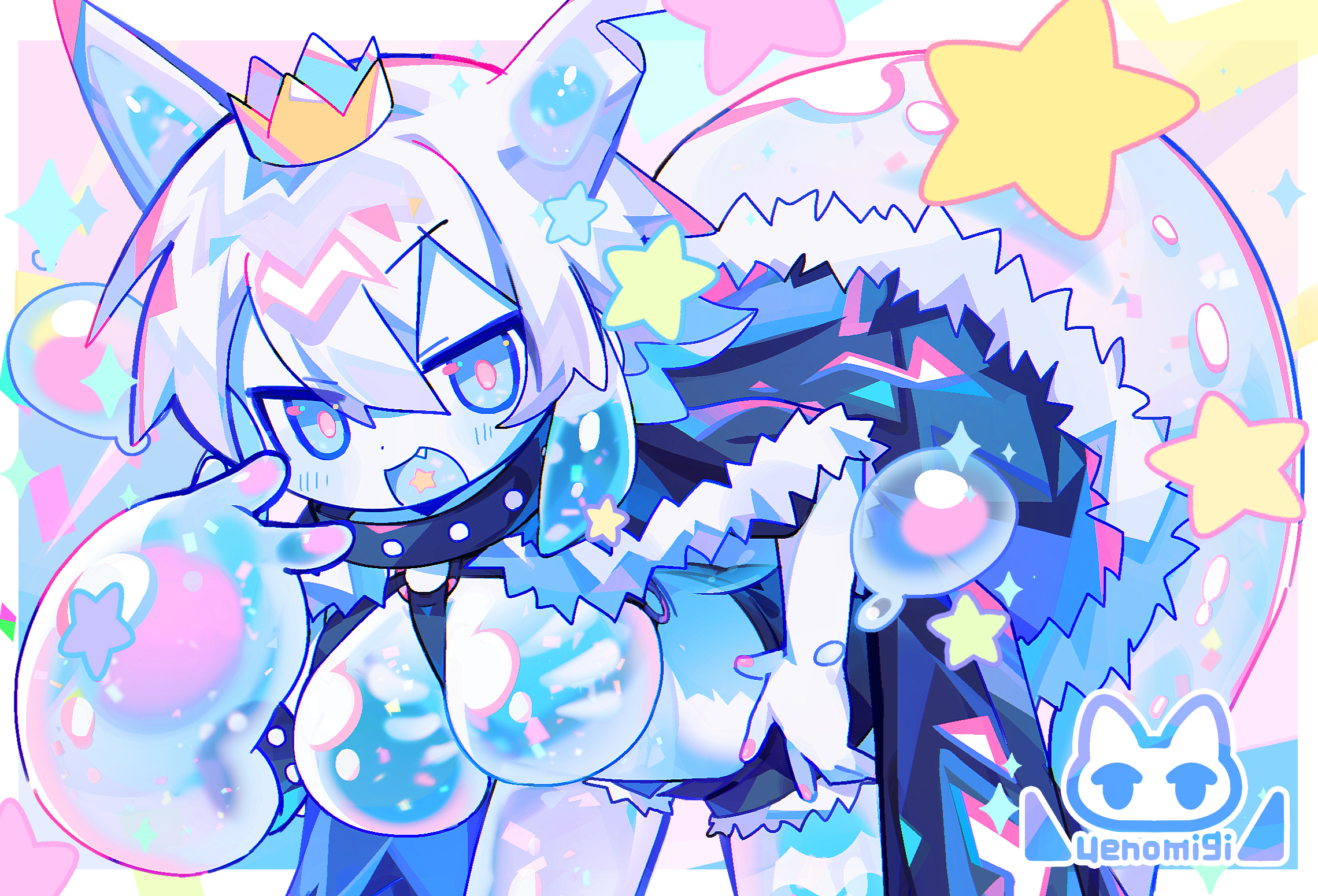 uenomigi, original, commentary request, highres, 1girl, :d, black shorts, blue cape, blue eyes, blush, breasts, cape, cowboy shot, crown, double-parted bangs, fang, fur-trimmed cape, fur trim, hair between eyes, hand up, large breasts, looking at viewer, monster girl, open mouth, red pupils, short hair, shorts, signature, slime girl, smile, solo, star (symbol), v, white hair
