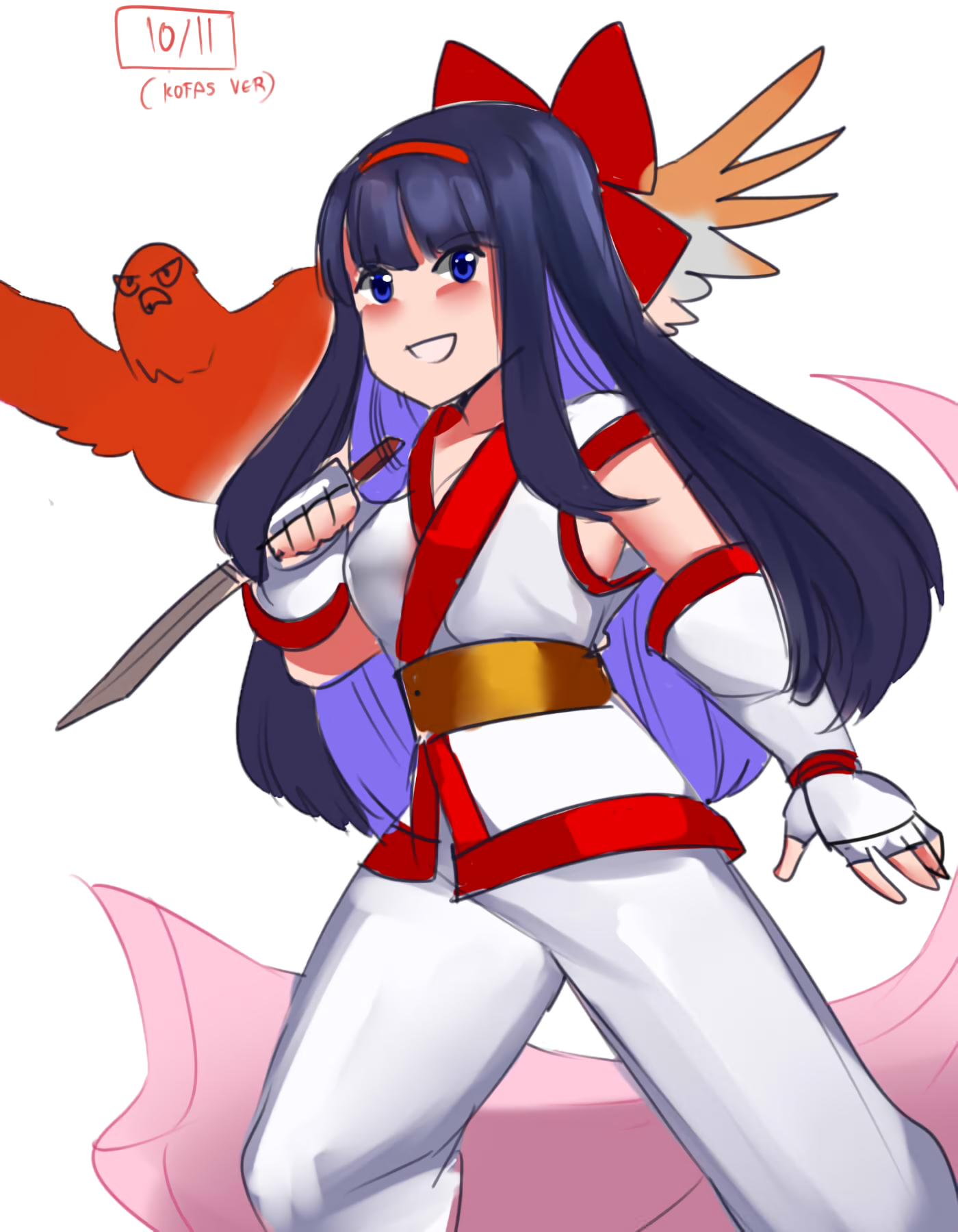 mamahaha, nakoruru, samurai spirits, snk, the king of fighters, highres, 1girl, ainu clothes, blue eyes, blue hair, blush, breasts, cloak, dated, fingerless gloves, gloves, hair ribbon, large breasts, legs, long hair, looking at viewer, pants, parted lips, ribbon, teeth, thighs, weapon