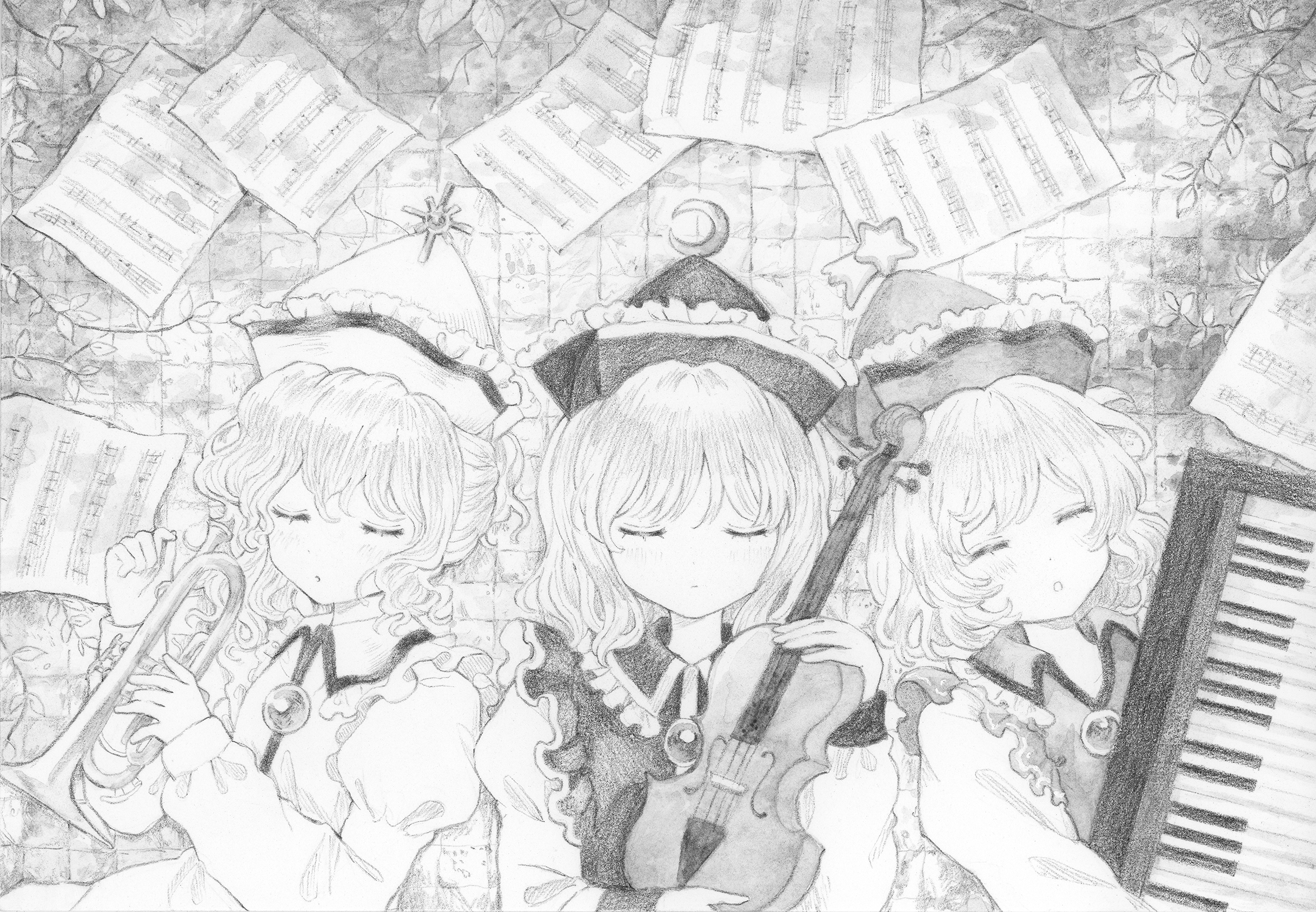 sasami (shiroi fuwafuwa), lunasa prismriver, lyrica prismriver, merlin prismriver, touhou, commentary request, highres, 3girls, closed eyes, closed mouth, collared shirt, crescent, crescent hat ornament, frilled shirt collar, frills, greyscale, hat, hat ornament, holding, holding instrument, holding trumpet, holding violin, instrument, juliet sleeves, keyboard (instrument), long sleeves, lying, monochrome, multiple girls, on back, puffy sleeves, sheet music, shirt, siblings, sisters, sleeping, star (symbol), star hat ornament, trumpet, vest, violin