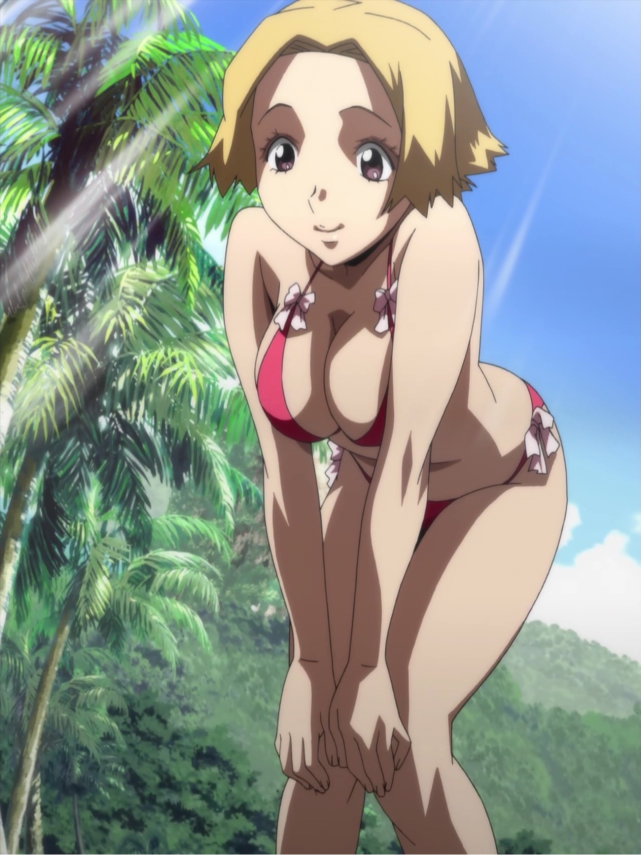 hirai hisashi, niiyama risako, kurogane no linebarrel, anime screenshot, highres, stitched, third-party edit, 00s, 1girl, bikini, blonde hair, breasts, cleavage, day, female focus, large breasts, leaning forward, nature, outdoors, panties, short hair, side-tie bikini bottom, side-tie panties, sky, solo, swimsuit, underwear