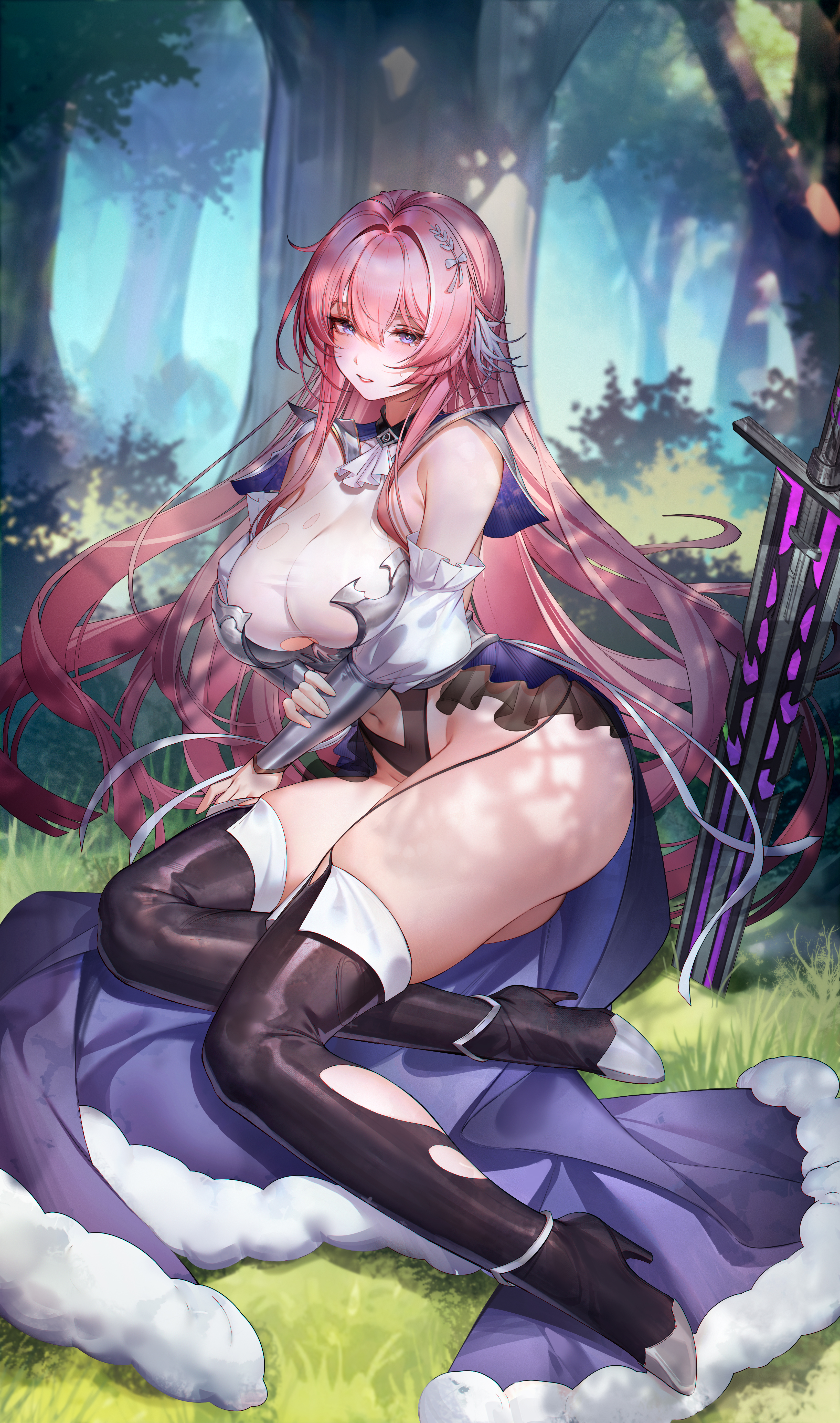 q18607, original, absurdres, chinese commentary, commentary request, highres, 1girl, armor, armpit crease, ascot, blunt ends, blush, boots, breasts, broken armor, bush, cleavage, clothing cutout, detached sleeves, dress, forest, frills, full body, gold trim, grass, hair between eyes, hair intakes, hair ornament, high heel boots, high heels, highleg, holding own arm, large breasts, legs, long hair, looking at viewer, multicolored hair, nature, navel, navel cutout, on grass, on ground, outdoors, parted lips, pink hair, pink lips, planted, planted sword, planted weapon, purple eyes, see-through clothes, sidelocks, sitting, solo, sweatdrop, sword, tearing up, thighs, torn, torn clothes, tree, underboob, underboob cutout, vambraces, very long hair, weapon, white ascot, white hair
