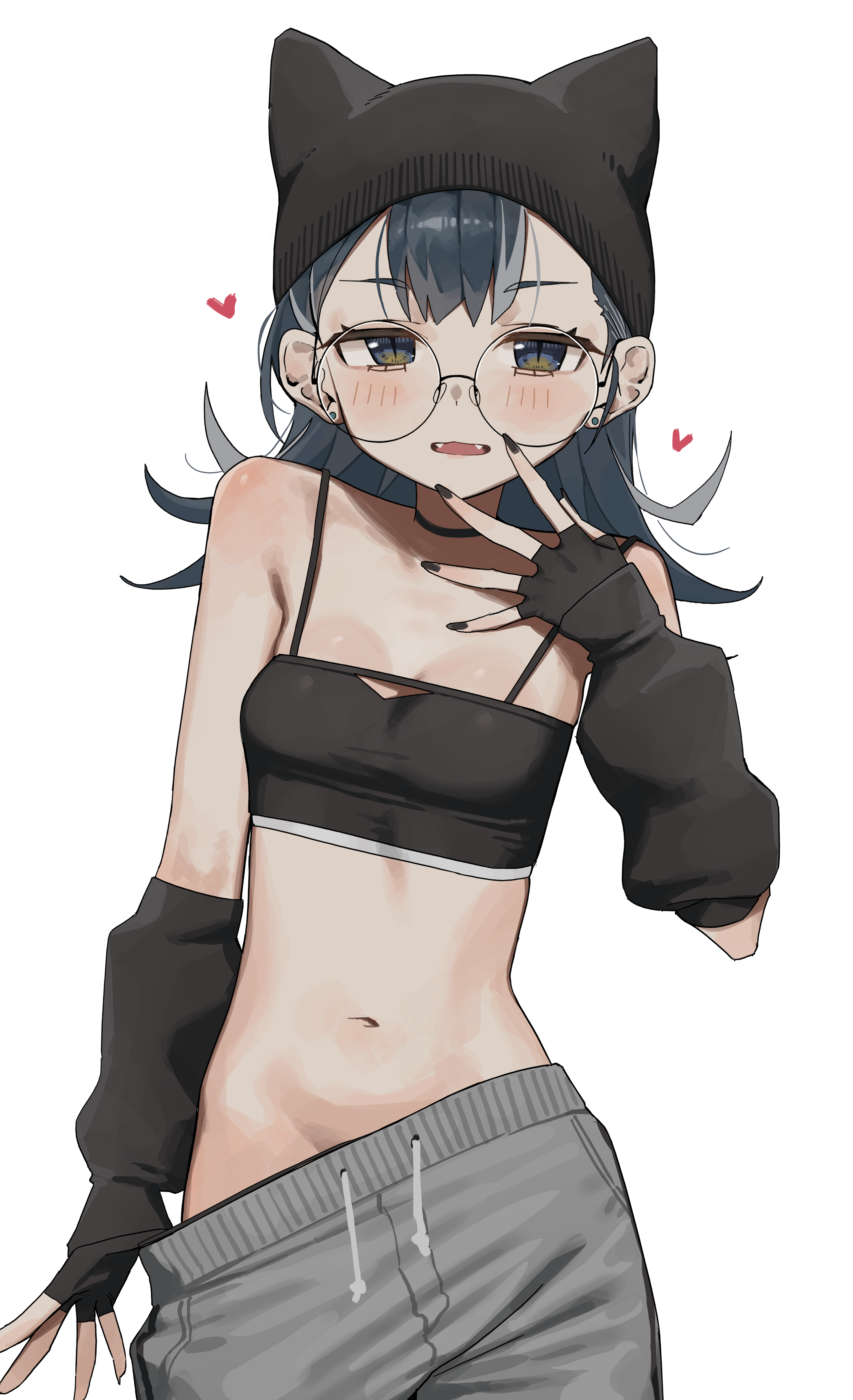 syhan, original, absurdres, highres, 1girl, animal ears, bare shoulders, beanie, black choker, black gloves, black hat, black shirt, black sleeves, blue eyes, blue hair, breasts, choker, cleavage, cowboy shot, crop top, detached sleeves, drawstring, fake animal ears, fang, fingerless gloves, glasses, gloves, grey pants, groin, hand up, hat, heart, long hair, looking at viewer, medium hair, midriff, nail polish, navel, open mouth, pants, pulling own clothes, round eyewear, shirt, simple background, sleeveless, sleeveless shirt, small breasts, spaghetti strap, stomach, white background
