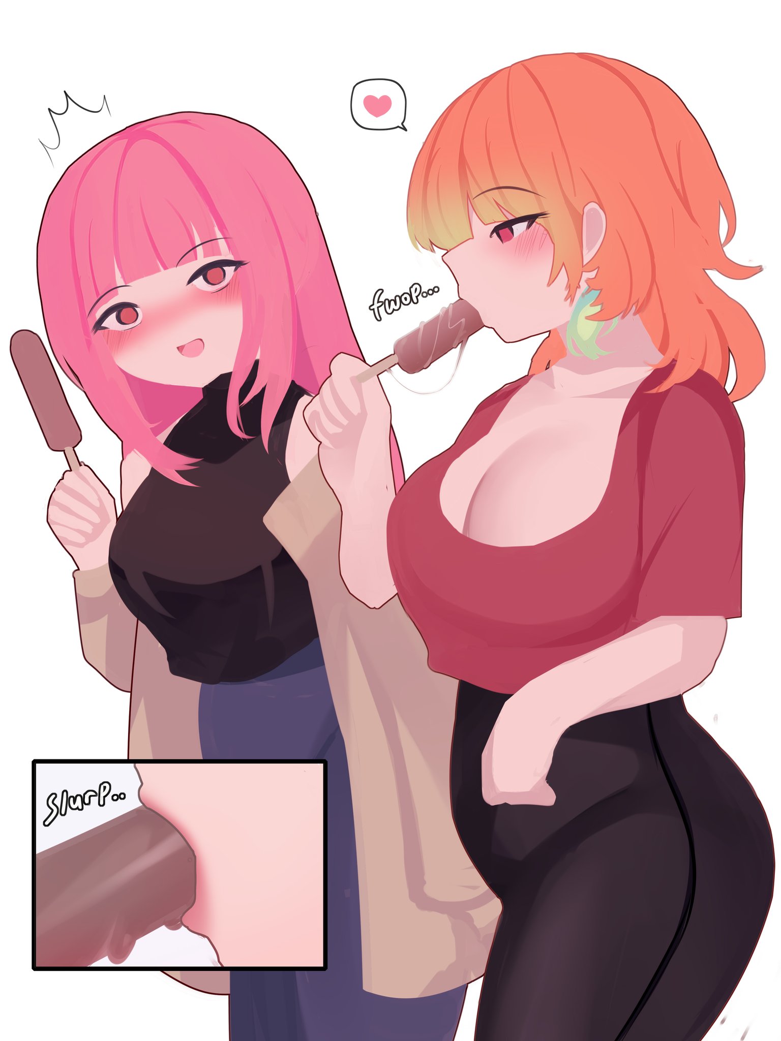 viqur, mori calliope, takanashi kiara, hololive, hololive english, highres, 2girls, alternate costume, blush, breasts, couple, earrings, feather earrings, feathers, female pervert, jewelry, large breasts, long hair, long sleeves, multicolored hair, multiple girls, open mouth, pervert, pink hair, purple eyes, sexually suggestive, simple background, virtual youtuber, white background, wife and wife, yuri