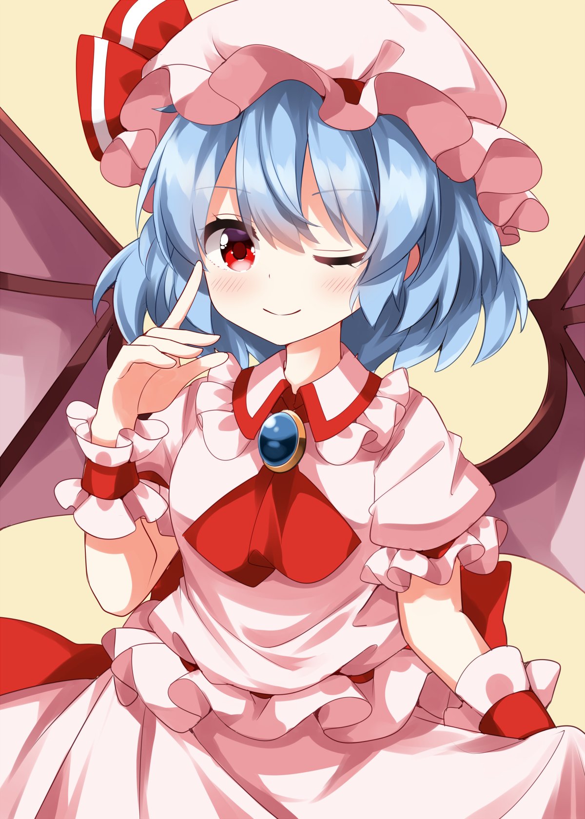ruu (tksymkw), remilia scarlet, touhou, commentary, highres, 1girl, ;), ascot, bat wings, blue hair, blush, closed mouth, collared shirt, frilled shirt collar, frilled wrist cuffs, frills, hand up, hat, hat ribbon, looking at viewer, mob cap, one eye closed, pink hat, pink shirt, pink skirt, red ascot, red eyes, red ribbon, ribbon, shirt, short hair, short sleeves, simple background, skirt, skirt set, smile, solo, wings, wrist cuffs, yellow background