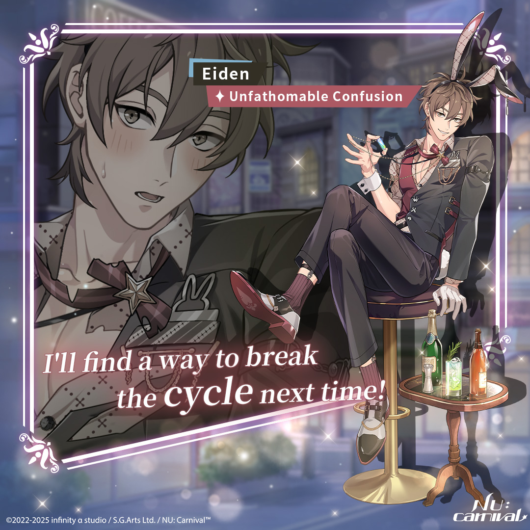 eiden (nu carnival), eiden (unfathomable confusion) (nu carnival), infinity alpha studio, nu carnival, crystal necklace, commentary, english commentary, official art, 1boy, animal ears, antenna hair, asymmetrical clothes, black jacket, black pants, blush, bottle, bow, bowtie, brown eyes, brown hair, chain, chair, character name, collared shirt, copyright name, copyright notice, crossed legs, cup, drink, drinking glass, english text, fake animal ears, fake tail, gloves, grey shirt, half-jacket, high heels, holding, holding jewelry, holding necklace, jacket, jewelry, looking at viewer, male focus, male playboy bunny, necklace, official alternate costume, on chair, one eye closed, open mouth, pants, parted lips, pectoral cleavage, pectorals, pendant, poker chip, rabbit ears, rabbit tail, red bow, red bowtie, red socks, red vest, shirt, shoes, short hair, single glove, sitting, smile, socks, solo, sparkle, sweatdrop, table, tail, vest, white gloves, white shoes, wine bottle, wine glass, wrist cuffs, zoom layer