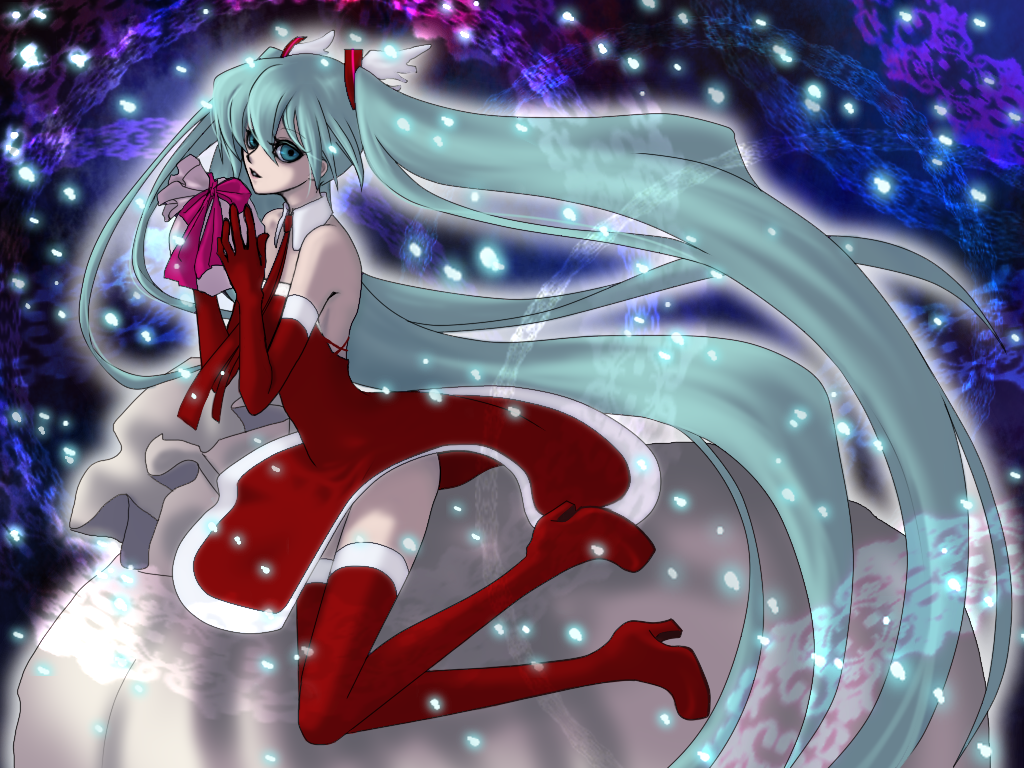 mizuki aoi, hatsune miku, vocaloid, 1girl, aqua eyes, aqua hair, christmas, elbow gloves, female focus, gloves, high heels, long hair, necktie, red gloves, sack, santa costume, shoes, snow, solo, square-end necktie, thighhighs, twintails, very long hair