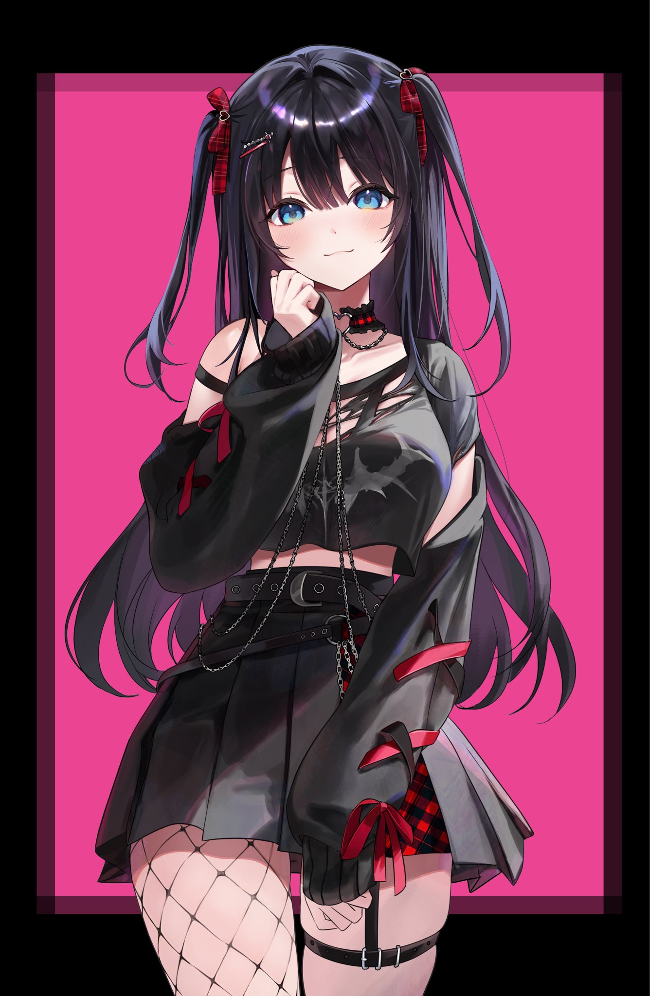 shirayuki hina, stellive, commentary, highres, jpeg artifacts, symbol-only commentary, 1girl, 1go (2gemozi), asymmetrical legwear, belt, belt buckle, black belt, black border, black hair, black shirt, black skirt, blue eyes, border, buckle, chain, choker, closed mouth, cowboy shot, crop top, crop top overhang, cropped shirt, cross-laced clothes, cross-laced sleeves, detached sleeves, double-parted bangs, fishnet thighhighs, fishnets, hair between eyes, hair intakes, hair ornament, hair ribbon, hand up, heart, heart hair ornament, heart o-ring, light blush, light smile, long bangs, long hair, long sleeves, o-ring, o-ring choker, off-shoulder shirt, off shoulder, outside border, pink background, plaid choker, plaid clothes, plaid ribbon, pleated skirt, print shirt, red ribbon, ribbon, shirt, simple background, single thighhigh, skirt, sleeves past wrists, solo, standing, straight hair, thigh strap, thighhighs, torn clothes, torn shirt, very long hair, virtual youtuber