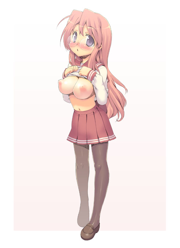 ootomo takuji, takara miyuki, lucky star, 00s, 1girl, blush, breasts, clothes lift, female focus, glasses, huge breasts, legs, long hair, nipples, no bra, pantyhose, pink hair, puffy nipples, purple eyes, school uniform, serafuku, shirt lift, solo