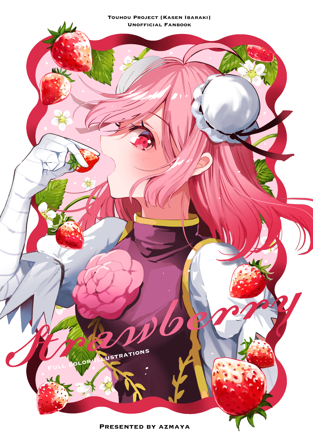 azuma aya, ibaraki kasen, touhou, commentary request, highres, 1girl, ahoge, bandaged arm, bandages, breasts, bun cover, double bun, eating, false arm, false limb, flower, food, fruit, hair bun, holding, holding food, holding fruit, looking at viewer, medium breasts, medium hair, open mouth, pink eyes, pink flower, pink hair, pink rose, puffy short sleeves, puffy sleeves, red tabard, rose, shirt, short sleeves, solo, strawberry, tabard, white shirt