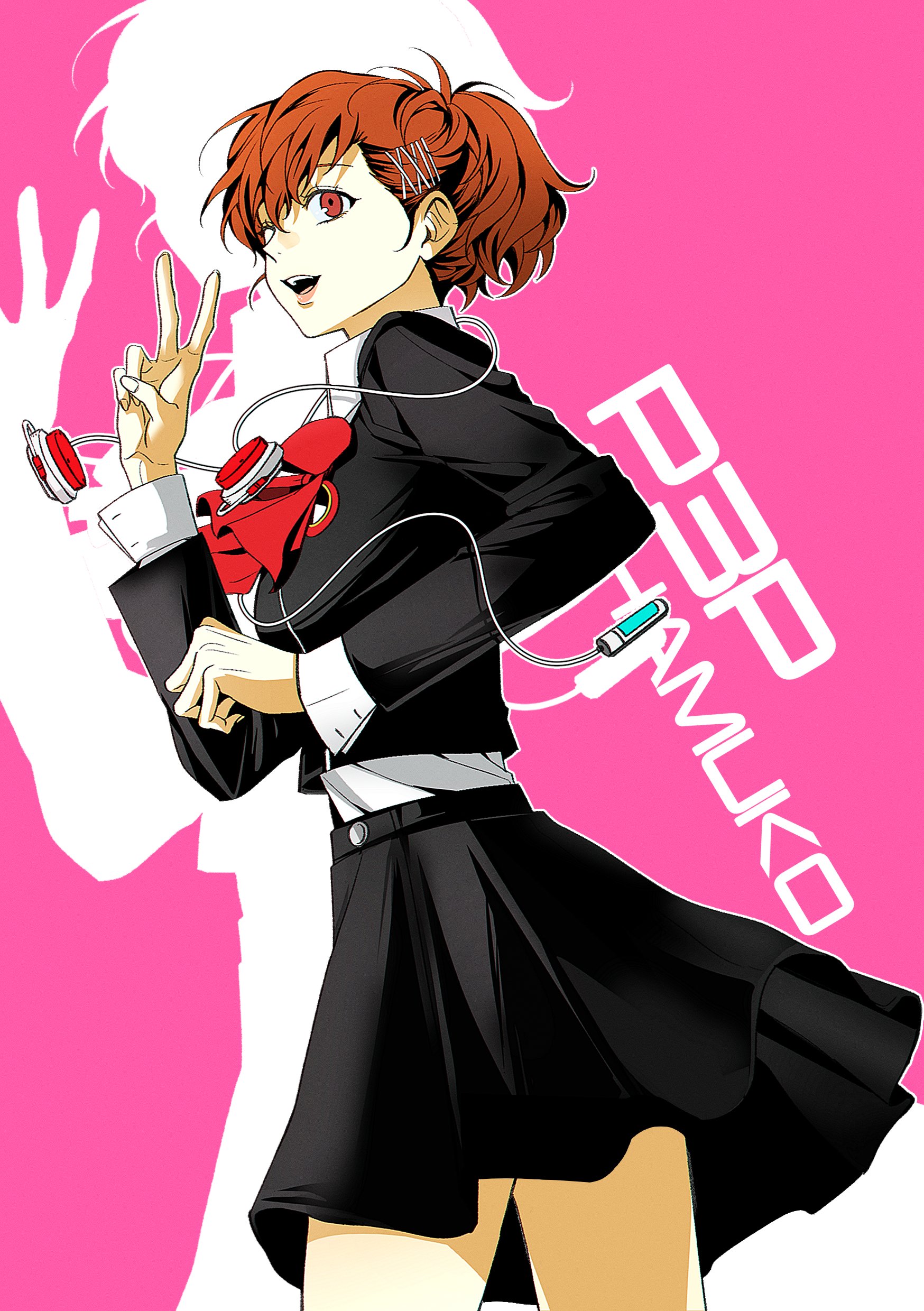 shiomi kotone, persona, persona 3, persona 3 portable, absurdres, highres, 1girl, black jacket, black skirt, bow, character name, copyright name, cowboy shot, digital media player, digital walkman, drop shadow, earphones, from side, gekkoukan high school uniform, hand up, jacket, looking to the side, one eye closed, open mouth, pink background, pleated skirt, ponytail, red bow, red eyes, red hair, sa1meunegg, school uniform, short hair, simple background, skirt, smile, solo, teeth, upper teeth only, v, walkman nw-s203f