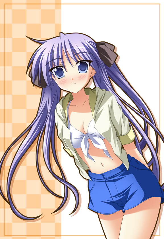 hiiragi kagami, lucky star, 00s, bikini, bikini top only, blue eyes, denim, denim shorts, long hair, midriff, open clothes, open shirt, purple hair, shirt, shorts, solo, swimsuit, twintails