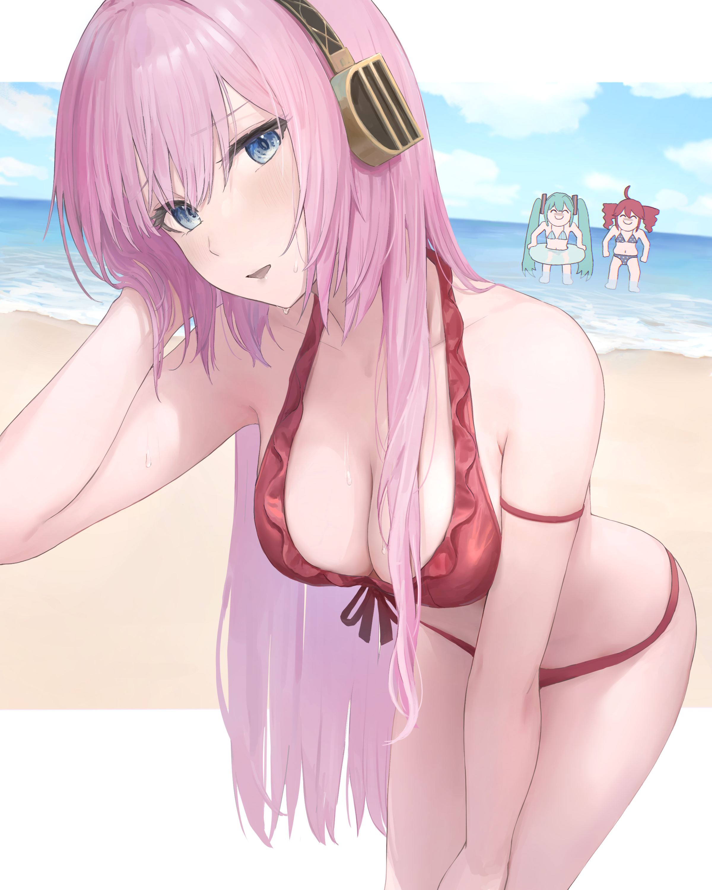 tadanotarosuke, hatsune miku, kasane teto, megurine luka, utau, vocaloid, absurdres, commentary request, highres, 3girls, ahoge, aqua hair, arm strap, bare arms, bare shoulders, beach, bikini, blue eyes, blush, border, breasts, cleavage, cloud, collarbone, cowboy shot, day, drill hair, frilled bikini, frills, front-tie bikini top, front-tie top, hair between eyes, hair ornament, halterneck, hand on own head, hand on own knee, hand up, headphones, innertube, large breasts, leaning forward, long hair, looking at viewer, multiple girls, ocean, outdoors, outside border, parted lips, pink hair, red bikini, red hair, sand, sidelocks, sky, standing, stomach, straight hair, swim ring, swimsuit, twin drills, twintails, very long hair, water, wet, white border
