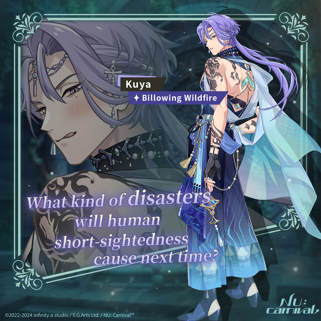 kuya (billowing wildfire) (nu carnival), kuya (nu carnival), infinity alpha studio, nu carnival, commentary, english commentary, official art, 1boy, aqua gemstone, arm tattoo, back tattoo, bare back, bare shoulders, belt, bishounen, black collar, black gloves, blue cape, blue gemstone, blue pants, blue sash, blue shirt, blue shoes, blush, cape, chain, character name, collar, copyright name, copyright notice, earrings, english text, fingerless gloves, forehead jewel, full body, gem, gloves, gold chain, hair ornament, heterochromia, high heels, jewelry, licking lips, light particles, long hair, looking at viewer, looking back, low ponytail, male focus, mole, mole under eye, official alternate costume, official alternate hair length, official alternate hairstyle, pants, parted lips, ponytail, purple eyes, purple hair, sash, shirt, shoes, shoulder tattoo, side cape, sleeveless, sleeveless shirt, smile, solo, standing, tassel, tattoo, tongue, tongue out, yellow eyes, zoom layer