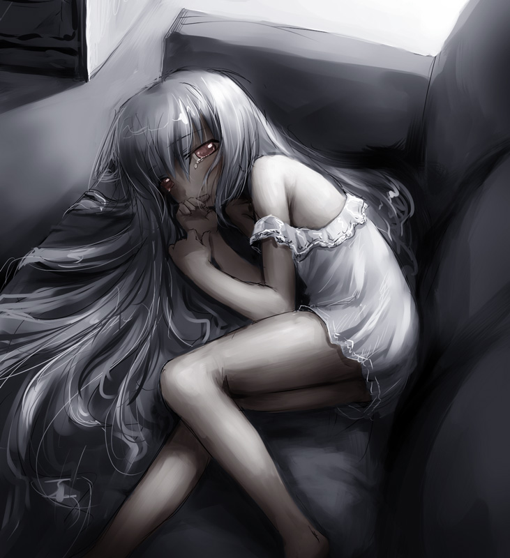 broiler, silver hair, 1girl, female focus, lingerie, loli, long hair, lying, nightgown, solo, tears, underwear