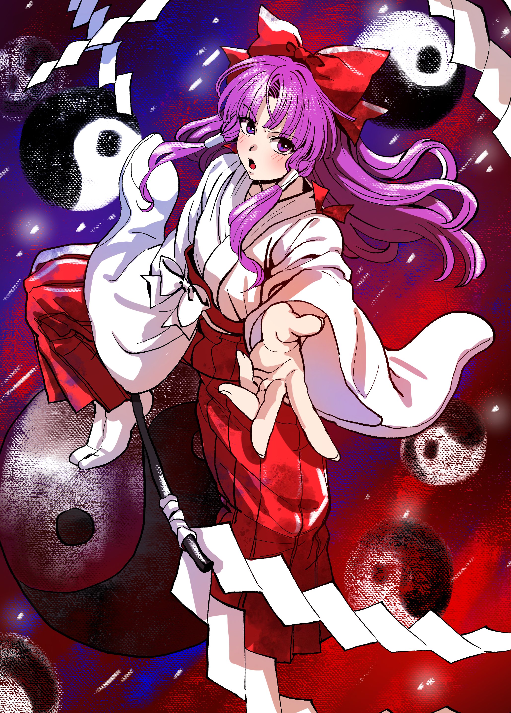 kuya (hey36253625), hakurei reimu, hakurei reimu (pc-98), touhou, touhou (pc-98), absurdres, highres, 1girl, :o, bow, full body, gohei, hair bow, hair tubes, hakama, japanese clothes, kimono, long hair, long sleeves, looking at viewer, miko, orb, pants, parted bangs, purple eyes, purple hair, red bow, red hakama, red pants, sash, sidelocks, socks, solo, tabi, very long hair, white bow, white kimono, white sash, white socks, wide sleeves, yin yang, yin yang orb