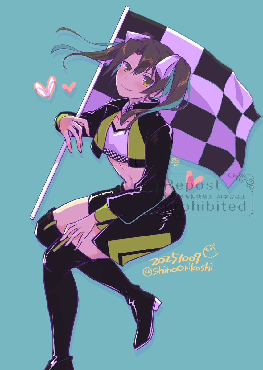 orikoshi shino, zuikaku (kancolle), zuikaku (race queen) (kancolle), kantai collection, highres, 1girl, alternate costume, black jacket, black skirt, black thighhighs, blue background, checkered flag, cropped jacket, flag, green eyes, grey hair, holding, holding flag, invisible chair, jacket, long hair, midriff, multicolored jacket, multicolored skirt, race queen, sitting, skirt, solo, strapless, thighhighs, tube top, two-tone skirt, watermark, white tube top