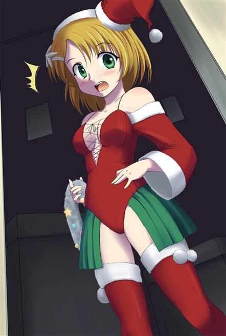 regdic, 1girl, bare shoulders, blonde hair, blush, breasts, christmas, female focus, green eyes, leotard, medium breasts, red leotard, santa costume, solo, surprised, thighhighs