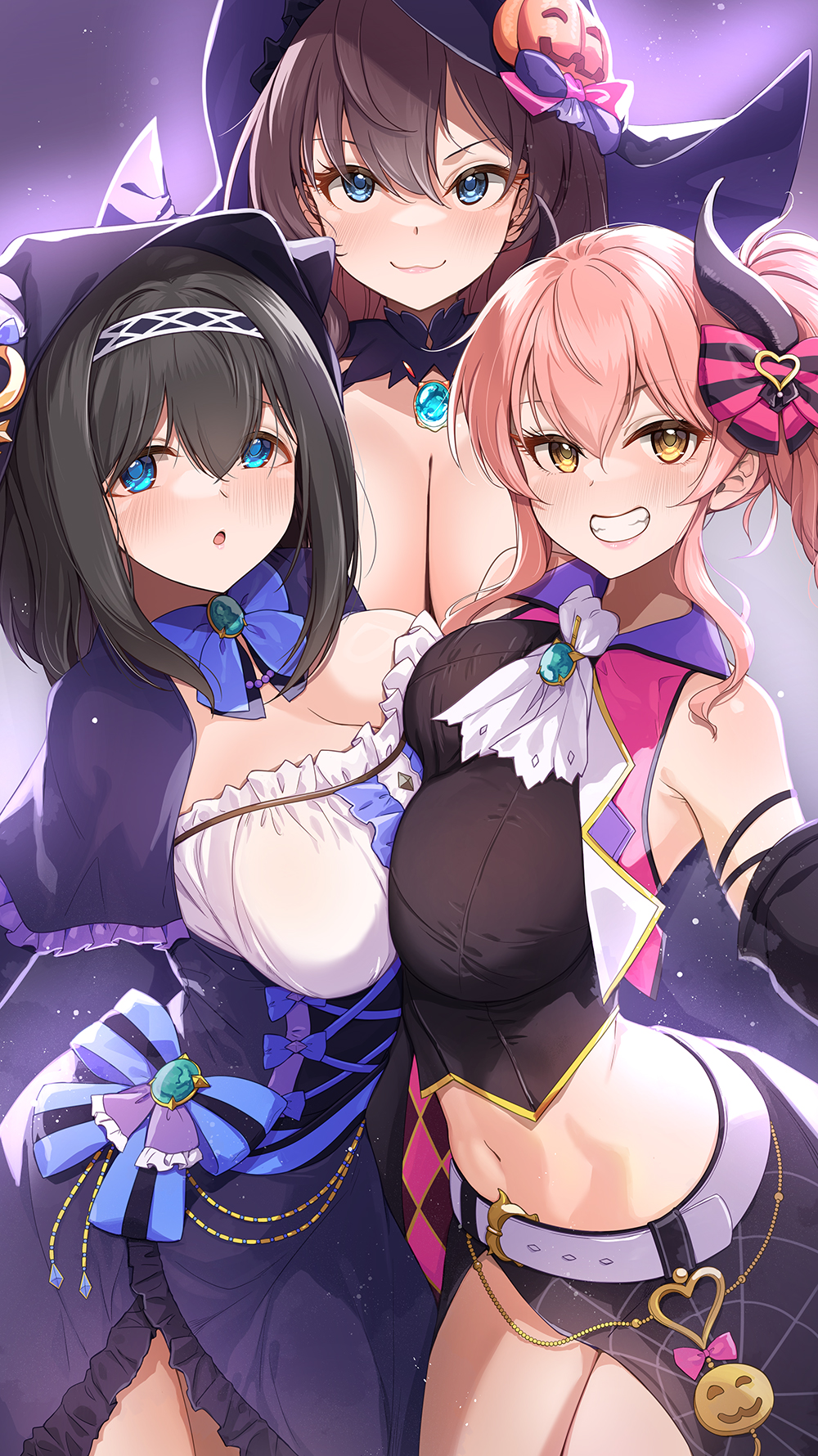 mk (mod0), ichinose shiki, jougasaki mika, sagisawa fumika, idolmaster, idolmaster cinderella girls, highres, 3girls, :3, :o, aqua gemstone, ascot, asymmetrical docking, bare shoulders, belt, black hair, black horns, black shirt, black skirt, blue bow, blue eyes, blush, bow, bowtie, breast press, breasts, brown-hair, brown hair, capelet, center frills, cleavage, closed mouth, demon horns, dress, fangs, frilled shirt, frills, gem, grin, hair between eyes, hair bow, hairband, halloween, hat, horns, large breasts, long hair, looking at viewer, multiple girls, navel, open mouth, pink bow, pink hair, pink lips, pink vest, pumpkin hat ornament, purple background, purple bow, purple bowtie, purple capelet, purple dress, purple hat, purple hood, shirt, side ponytail, skirt, smile, spider web print, stomach, striped bow, teeth, thighs, two-tone bow, underbust, vest, white ascot, white belt, white hairband, white shirt, yellow eyes