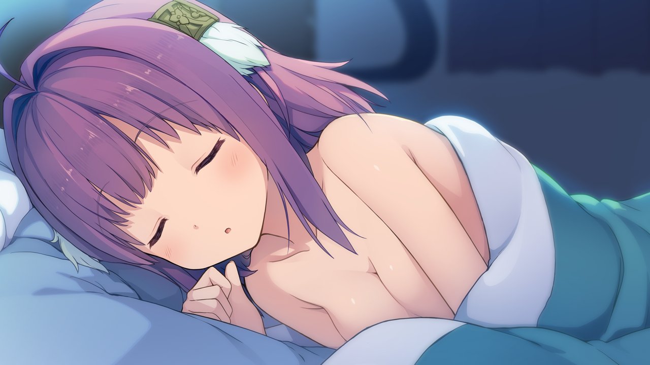 suzumori, ichinose rika, ao no kanata no four rhythm, commentary, english commentary, official art, second-party source, 1girl, ahoge, blush, breasts, cleavage, closed eyes, collarbone, facing viewer, hair intakes, indoors, lying, medium breasts, nude, on side, parted lips, purple hair, sleeping, solo, under covers