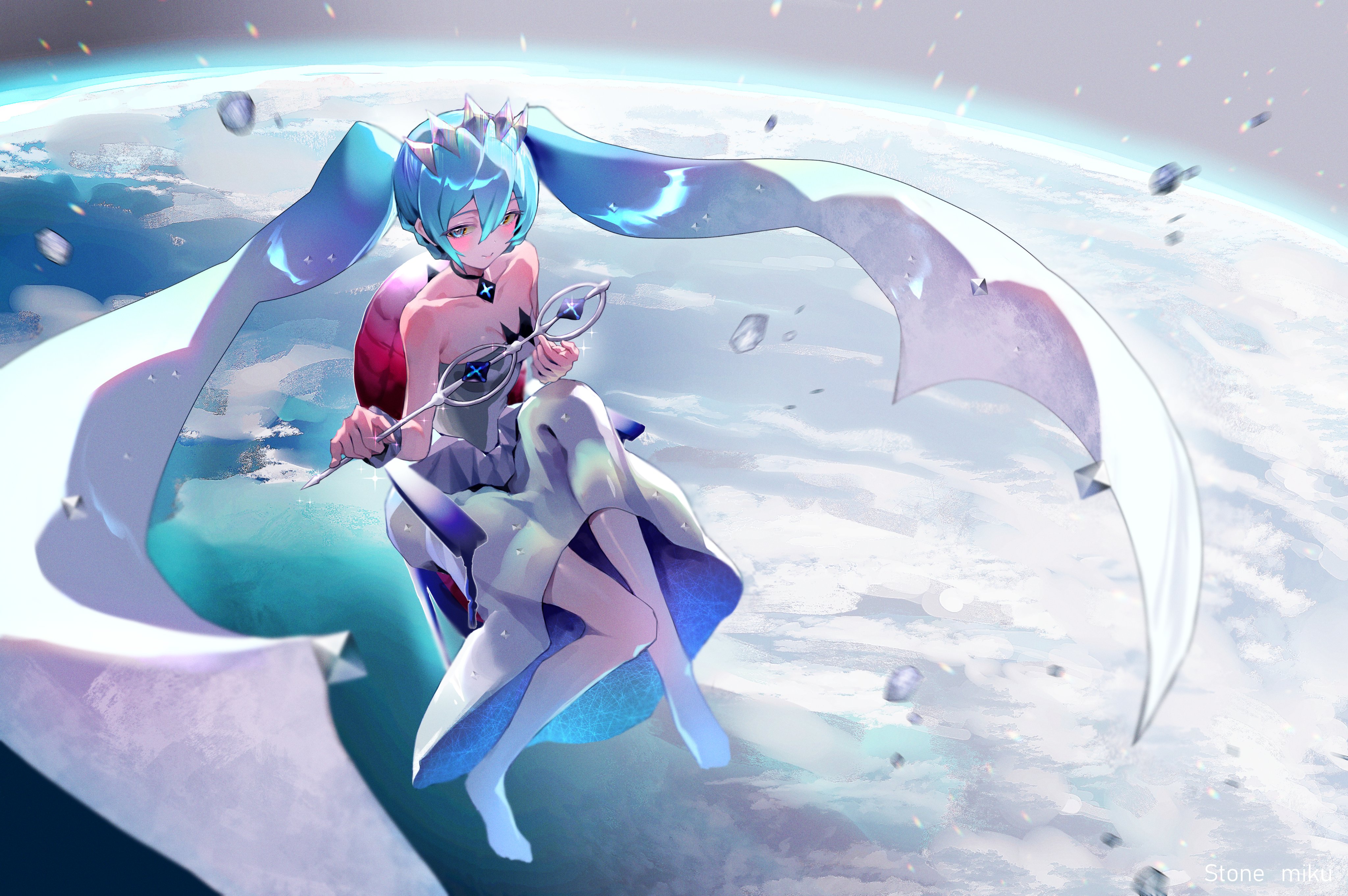shikuwata, hatsune miku, rock miku (project voltage), nintendo, pokemon, project voltage, vocaloid, absurdres, highres, 1girl, aqua eyes, aqua hair, blush, bracelet, breasts, cleavage, closed mouth, collarbone, dress, gradient hair, holding, holding wand, jewelry, long hair, multicolored hair, official alternate costume, official alternate hairstyle, panties, smile, solo, strapless, strapless dress, twintails, underwear, very long hair, wand, white dress, white hair, white panties