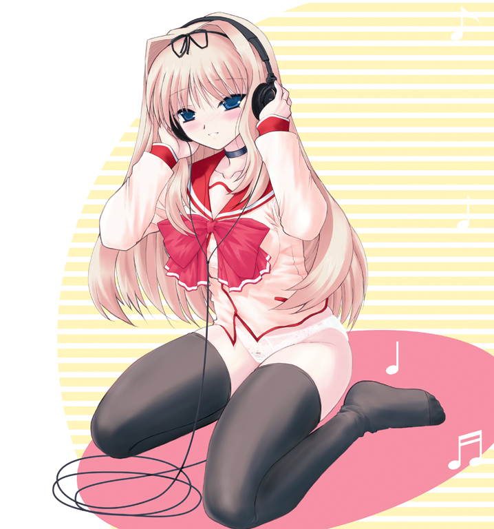 alpine, kusugawa sasara, to heart (series), to heart 2, 00s, blonde hair, blue eyes, bottomless, headphones, no pants, panties, school uniform, sitting, solo, thighhighs, underwear