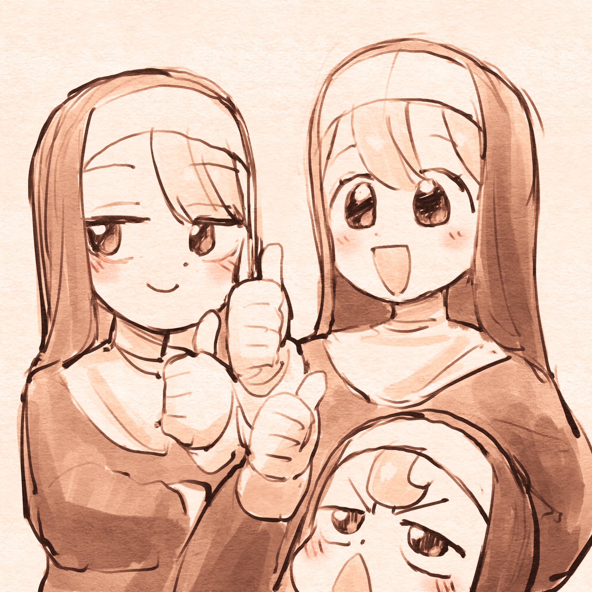 eisu (eith), clumsy nun (diva), froggy nun (diva), spicy nun (diva), little nuns (diva), highres, 3girls, :d, blush, hair between eyes, height difference, monochrome, multiple girls, nun, open mouth, sepia, simple background, smile, thumbs up, white background